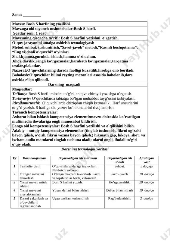 unlash va o’quvchilarni rag’batlantirish uyga vazifani tushuntirish rag’batlantirish. 2 daqiqa [image: image2.jpg] sana: _________ mavzu: kichik h harfining yozilishi. mavzuga oid tayanch tushunchalar:kichik h harfi. soatlar soni: 1 soat mavzuning qisqacha ta’rifi: kichik h harfini yozishni o’rgatish. o’quv jarayonini amalga oshirish texnologiyasi: metod:suhbat, tushuntirish,”savol-javob” metodi,”rasmli boshqotirma”, “eng vijdonli o’quvchi” o’yinlari. shakl:jamoa,guruhda ishlash,hamma o’zi uchun. jihoz:darslik,rangli ko’rgazmalar,harakatli ko’rgazmalar,tarqatma testlar,plakatlar. nazorat:o’quvchilarning darsda faolligi kuzatilib,hisobga olib boriladi. baholash:o’quvchilar bilimi reyting mezonlari asosida baholanib,dars oxirida e’lon qilinadi. darsning maqsadi maqsadlar: ta’limiy: kichik h harfi imlosini to’g’ri, aniq va chiroyli yozishga o’rgatish. tarbiyaviy: o’quvchilarda mehnatsevarlik tuyg’usini tarbiyalash . rivojlantiruvchi: o’quvchilarda chiziqdan chiqib ketmaslik , harf unsurlarini to’g’ri yozish. s harfiga oid yozuv ko’nikmalarini rivojlantirish tayanch kompetensiyalar: axborot bilan ishlash kompetensiya elementi:mavzu doirasida ko’rsatilgan multimedia ilovalariga ongli munosabat bildirish. fanga oid kompetensiyalar: h harfini yozishni bilish, tovushlarda ajratib olishni o`rganish. adabiy – nutqiy kompetensiya elementlari(tinglab tushunish, fikrni og’zaki bayon qilish, o’qish, fikrni yozma bayon qilish.) hikmatli …