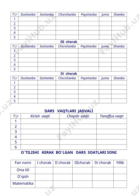-bet 25. bo`lim yuzasidan takrorlash 1 26. nazorat ishi 3. 1 27. mustahkamlash 1 2023-2024 - oʻquv yili uchun matematika fanidan taqvim-mavzu reja ( haftasiga 5 soatdan, jami 170 soat ) iii sinf darslar tartibi mavzu nomi soat taqvimiy muddat uyga vazifa i chorak (45 soat) 1 takrorlash. 1 dan 100 gacha sonlar 1 1-mavzu, №9-10 2 takrorlash. uch xonali sonlar 1 2-mavzu, №13-14 3 takrorlash. uzunlik 1 3-mavzu, №9-10 4 takrorlash. ko‘paytirish 1 4-mavzu, №10-11 5 takrorlash. 0 va 1 sonlarining xossalari 1 5-mavzu, №11-12 6 takrorlash. nol bilan tugaydigan sonlar 1 6-mavzu, №11-12 7 takrorlash. taqsimot xossasi 1 7-mavzu, №11-12 8 takrorlash. soat va minutlar 1 8-mavzu, №10-11 9 takrorlash. to‘g‘ri to‘rtburchak 1 9-mavzu, №12-13 10 ko‘p xonali sonlar 1 10-mavzu, №11-12 11 pozitsion sanoq sistemasi 1 11-mavzu, №10-11 12 ko‘p xonali sonlarning o‘qilishi va yozilishi 1 12-mavzu, №9-10 13 ko‘p xonali sonlarning o‘qilishi va yozilishi 1 13-mavzu, …