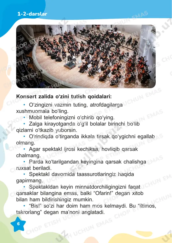 sbobi uchun musiqiy notalar partiyasi yoziladi. rasmga qarang va musiqachilar qanday guruhlarga bo‘linganiga e’tibor bering. dirijyorning joyi qayerda? torli-kamonli, puflab chalinadigan, zarbli cholg‘u asboblari guruhlari qayerda joylashgan? orkestr nima? simfonik orkestr tarkibiga qanday cholg‘u asboblari kirishi haqida o‘ylab ko‘ring. orkestrda musiqa chalish uchun qanday bilim va malakalarga ega bo‘lish kerak? 1-2-darslar chop etish uchun emas chop etish uchun emas chop etish uchun emas chop etish uchun emas chop etish uchun emas chop etish uchun emas chop etish uchun emas chop etish uchun emas chop etish uchun emas chop etish uchun emas chop etish uchun emas chop etish uchun emas chop etish uchun emas chop etish uchun emas chop etish uchun emas chop etish uchun emas chop etish uchun emas chop etish uchun emas chop etish uchun emas chop etish uchun emas chop etish uchun emas chop etish uchun emas chop etish uchun emas 88 chop etish uchun emas chop etish …