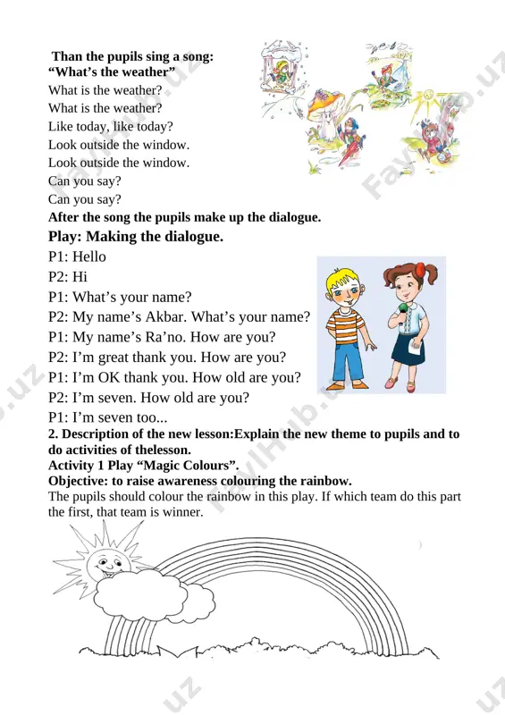dbye, goodbye i had fun today. i had fun today activity 4 play “i’m jinn”. objectives: to develop the pupils’ imaginations to recycle the vocabulary and structures for animals further, say that it is possible to turn a person into a wild or domestic animal by means of a magic wand, and help the pupils remember the animals by showing them appropriate flashcards. then suggest a volunteer pupil turn into a wild animal. choose a pari/peri or genie/jinn who will turn the volunteer into an animal by means of a wand. for example, s/he will say ‘a tiger!’ (if necessary, s/he will show a flashcard) and wave the wand. accordingly, the “tiger” should say: [image: d:\1-class\pics\u10\5.jpg] i’m a tiger. i’m big. i’m orange and black. i’ve got four legs. i can run. [image: d:\1-class\pics\u10\4.jpg] i’m an elephant. i’m big. i’m grey. i’ve got four legs. i can run. thus, the …