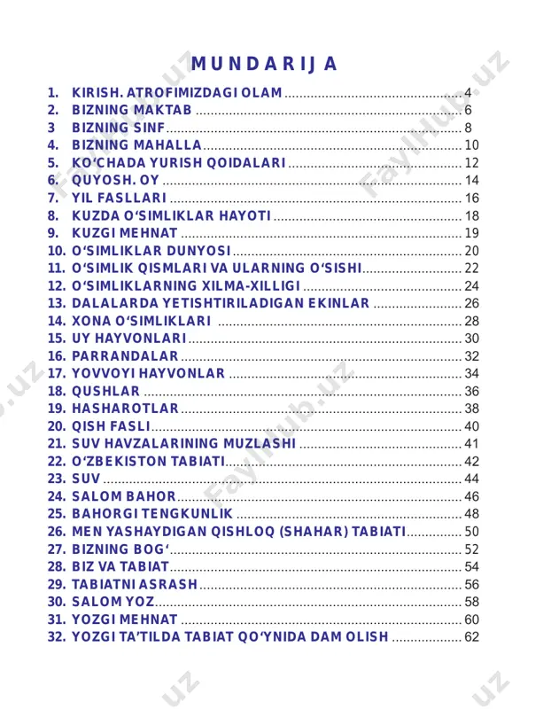 tabiati................ 50 27. bizning bog‘................................................................................ 52 28. biz va tabiat................................................................................ 54 29. tabiatni asrash........................................................................ 56 30. salom yoz.................................................................................... 58 31. yozgi mehnat............................................................................. 60 32. yozgi ta’tilda tabiat qo‘ynida dam olish.................... 62 4 kirish. atrofimizdagi olam 1. akmal bilan sohibaning atrofida nimalarni ko‘ryapsiz? 2. sizning atrofingizda kimlar bor? 5 1. sizning atrofingizda nimalar bor? 2. sizni ko‘chada nimalar o‘rab turadi? uyda-chi? 6 1. rasmda kimlar tasvirlangan? 2. ular qayerda va nima bilan mashg‘ul? 1. rasmlarda qaysi darslar tasvir langan? 2. ular qayerda o‘tkaziladi? bizning maktab 7 rasmdagi narsalar qaysi darslarga oid? rasmlardagi odamlar qayerda va nima bilan mashg‘ul? 1. quyidagi rasmlarda nimalar tasvir- langan? 2. ulardan qayerda va nima maqsad- da foydalaniladi? 4–5-betlardagi rasmdan maktabni ko‘r sating va u haqida fikr yuriting. 8 rasmdagi sinf xonasi va dars jarayonini tavsiflang. qaysi o‘quvchilar qanday nojo‘ya harakat qilyaptilar? bizning sinf 9 rasmdagi bolalar nima qilishyap i? t sinf xonasini shamollatish zarurligi sababini tushuntiring. …