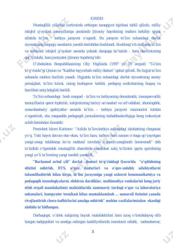 rhaqiqat, o’zbek xalqining buyuk mutafakkirlari ham uzoq o’tmishdayoq olib borgan tadqiqotlari va amalga oshirgan kashfiyotlarida insonlarni odobli, mehnatsevar, 4 vatanparvar qilib tarbiyalash yo’l - yo’riqlarini ko’rsatib o’tganlar. bunga muso al- xorazmiy (783-850), ahmad al-farg’oniy (797-865), javhariy, mirzo ulug’bek (2394- 1449), faylasuf va huquqshunoslar abu nasr forobiy (873-950), imom al-buxoriy (810- 870), abu iso muhammad at-termiziy (824 - 892) , burhoniddin al-marg’inoniy(1123 - 1197), nasafiy; qomusiy olimlar abu rayhon beruniy (973-1048), ibn sino(980 - 1037); tilshunos, tarixchi va shoirlar mahmud qoshg’ariy (xi asr), yusuf xos xojib (xi asr), mahmud az-zamaxshariy (1075-1144), alisher navoiy (1441 - 1501); zaxiriddin muhammad bobur (1483-1530) va boshqalarning bizga qoldirgan boy meroslari fikrimizga asos bo’ldi. bu allomalarimizning asarlarida bolalarning o’qishi, mehnati, odobi va bu ishda muallimlarning vazifalariga katta o’rin berilgan. jumladan, nasriddin tusiy (1201 - 1274) fikri bo’yicha o’qituvchi o’quvchilarni aql-zakovatiga ta’sir qilishi uchun, o’quvchilarni ishonchini qozonish va qalbidan joy olish mas’uliyatini his qilishi lozim. forobiy o’qituvchi …