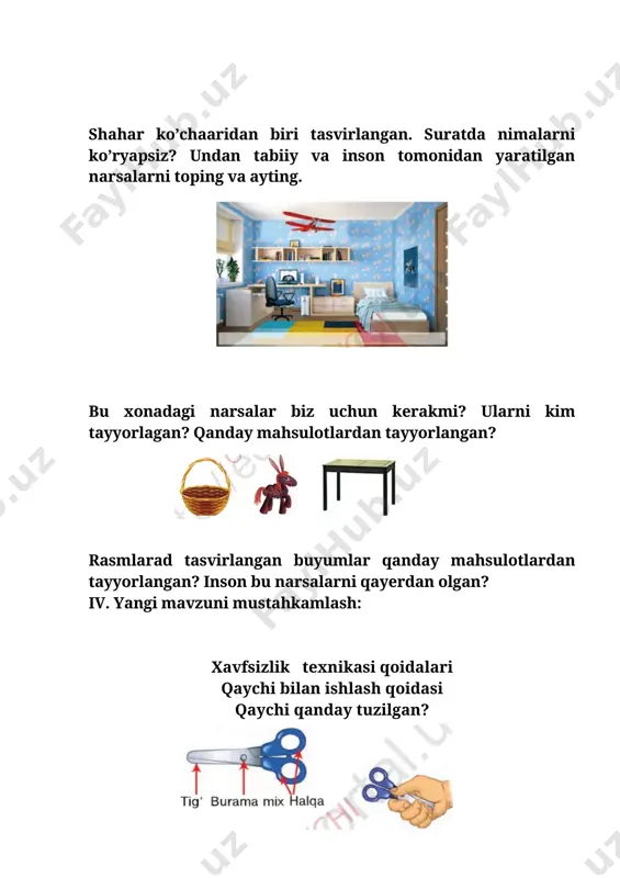 jarishga harakat qiling ko’rildi o‘tibdo‘: ____________ __________________________________ sana: ____________ sinf: 1 ________ fan nomi: texnologiya mavzu: “oltin kuz” manzarasini yasash darsning maqsadi: a) ta’limiy: yangi mavzu yuzasidan keng va atroflicha ma’lumot berish. yangi mavzuning mazmun va mohiyatini ochib berish va bu asosda ko’zlangan maqsadga erishish, darsni dts talablari asosida o’tilishiga erishish, texnologiya faniga oid atamalarni to‘g‘ri talafuz qila olish, texnologiya faniga oid bilimlarini boyitish, tirishqoqlikni, qo‘l harakati motorikasini rivojlantirish. b) tarbiyaviy: o’quvchilarni ona vatanga muhabbat ruhida tarbiyalash, bir – birlariga va atrofidagilarga o’zaro hurmat qilishga o’rgatish, jamoada ishlashi orqali o`zaro hamkorlik munosabatlarini tarbiyalash, mamlakatimizdagi bayram kunlarini bilish, mavjud axborot manbalaridan (kitob, telefon, televizor, radio va boshq.) foydalana olish va xulosa chiqarish, o‘z yoshiga mos kitoblarni o‘qish, tushunish va ulardan ibrat olish, televizor va radiolar orqali berilib borilayotgan xabarlarni gapirib bera olish, milliy va umuminsoniy qadriyatlarni e’zozlash, maktabda va maktabdan tashqari tadbirlarda (turli mavzudagi ko‘rik-tanlovlar, musobaqalar va h.k.) faol ishtirok etish …