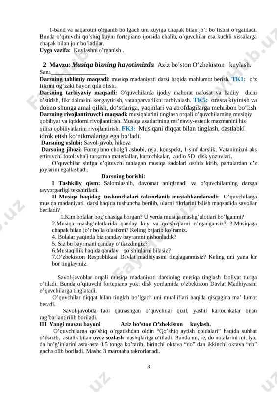 asta-asta 0,5 tonga ko’tarib, birinchi oktava “do” dan ikkinchi oktava “do” gacha olib boriladi. mashq 3 marotaba takrorlanadi. (“aziz bo’ston-o’zbekiston” m.mirzo shehri, d.omonullaeva musiqasi qo’shig’ining klavir varianti beriladi) qo’shiqni o'rgatishdan oldin o’qituvchi uni ifodali qilib jonli ovozda, fortepiano yordamida kuylab beradi. o’quvchilar bilan suhbat o’tkazib ularni qo’shiqni qanchalik tushunganliklarini aniqlaydi. yuqoridagi qo’shiq kuylab berish jarayonini 3 maraotabagacha takrorlaydi. mazkur qo’shiqni o’;quvchilarga o’rgatishda ikki xil usuldan foydalanish mumkin (sinfning qabul qilishiga ko’ra). avval band keyin naqarot yoki avval naqarot keyin band. 1.o’quvchilarga qo’shiqni o’rgatishda avval qo’shiqni birinchi bandining birinchi qatorini she’r qilib ifodali o’qib berib, o’quvchilardan takrorlashlarini so’raydi. keyin ikkinchi misrasini ham shunday takrorlaydilar. ikki misra umumlashtirilib, yana 3 marotaba takrorlanadi. keyin mazkur misralarni o’qituvchi avval o’zi sof tovushda xatosiz aniq kuylab beradi, so’ng o’quvchilar bilan kuyga qo’shib fortepiano jo’rligida 3 marotaba kuylab mustahkamlanadi. mazkur jarayon keyingi ikki misralarda ham takrorlanadi, natijada qo’shiqni bir bandi ham yod olinadi, ham kuyga solinadi. …