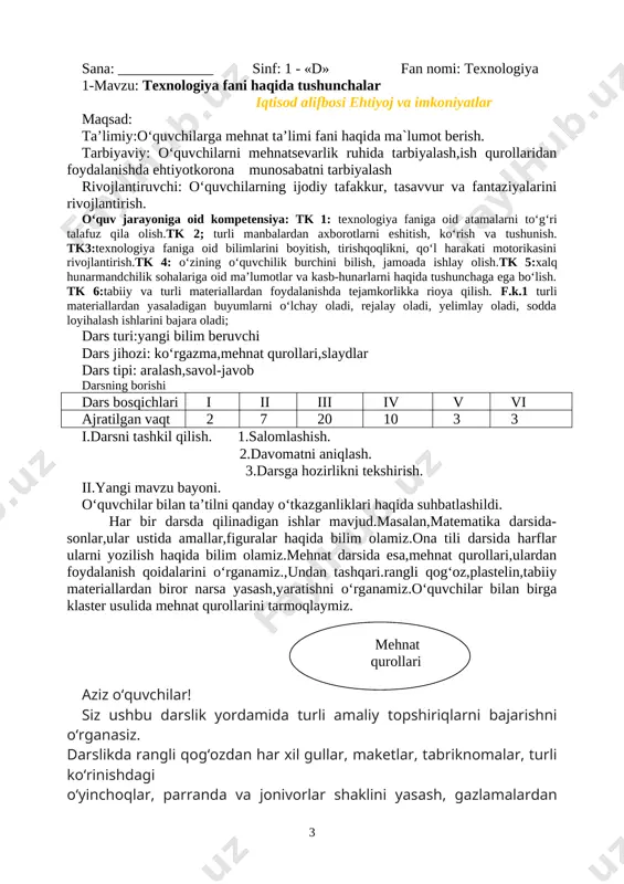 da mehnat qurollarini tarmoqlaymiz. [image: image153.jpg] [image: image154.png] aziz o‘quvchilar! siz ushbu darslik yordamida turli amaliy topshiriqlarni bajarishni o‘rganasiz. darslikda rangli qog‘ozdan har xil gullar, maketlar, tabriknomalar, turli ko‘rinishdagi o‘yinchoqlar, parranda va jonivorlar shaklini yasash, gazlamalardan ajoyib buyumlar tayyorlash usullari o‘rgatiladi. ayni paytda applikatsiya va mozaika usulida ishlash jarayoni ham ko‘rsatib berilgan. shuningdek, kasb-hunarga oid ma’lumotlar bilan ham tanishasiz. mehnat ta’limi darslarida berilgan amaliy ishlarni bosqichli bajarish bilan birga mavzudagi savol va topshiriqlarga to‘liq javob berishingiz, ishni sifatli bajarishingiz hamda xavfsizlik qoidalariga rioya qilishingiz lozim. aziz o‘quvchilar, atrofingizdagi sizni hayratga solayotgan barcha ezgu ishlar inson mehnati mahsulidir. unutmang, kelajakda o‘zingiz tanlagan kasb-hunarning mohir ustasi bo‘lishingizda ushbu darslik sizga yaqin ko‘makdosh bo‘ladi. o‘qituvchi o‘quvchilarga birinchi sinfda qo‘l mehnati fanidan o‘rgangan mashgu`lotlarni esga soladi . tabiiy materiallardan , qog‘ozdan applikasiya usulida yasalgan narsalar, loy va plastilindan yasalgan narsalarni ko‘rsatdi. bugungi dars mavzusi tushuntiriladi. qo'l mehnati darslarida ishlashning umumiy qoidalari · [image: image155.png]ish …