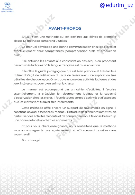 ent de l’activité. • rappeler la différence d’emploi entre “ bonjour ! ” et “ salut ! ” activité 1. annoncer aux élèves qu’ils vont entendre l’enregistrement. passer l’enregistrement une première fois. demander les personnages dont ils ont entendu les noms. leur faire écouter le document une deuxième fois. puis les inviter à répondre aux questions. d’abord, convoquer au tableau les volontaires. ensuite demander aux élèves de poser les questions à leurs partenaires. continuer ainsi. transcription : – salut mes amis! c’est moi kamol. je suis content de vous rencontrer encore une fois! – salut! je m’appelle léa. moi aussi, je suis contente. – salut! ça va? c’est moi théo. je suis en troisième. c’est super! – salut! je m’appelle aziza. j’ai 9 ans. et toi? les questions à poser d’après le dialogue : – comment t’appelles-tu? – comment ça va? leçon 1. salut les amis ! @edurtm_uz unité 1 …