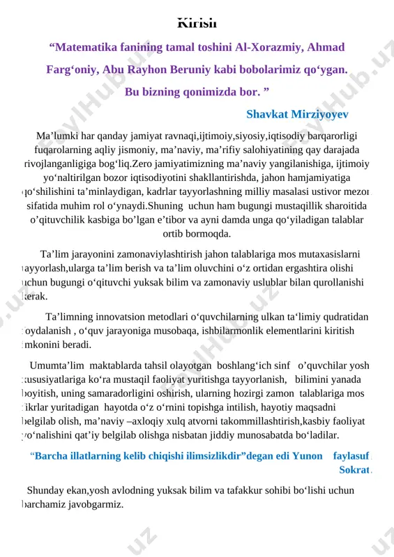mcha mashqlardan foydalaniladi. bunda o’quvchi maktab dasturidan nimani va qay darajada egallaganini tekshiruvchi omil desak bo’ladi. qo‘llanmada keltirilgan bir qator vazifalar bolaning matematik qobiliyatini, mantiqan to‘g‘ri mulohaza va tahlil qilish mahoratini tekshirishga, bolani turli o‘quv ishlarida mashq qildiruvchi omil hamdir. shuningdek, bola mustaqil ravishda o‘zini o‘zi tekshirish va mashq qilish malakasiga ega bo’ladi. boshlang‘ich sinflarda boshqotirmalar hisoblash malakalarini shakllantirish ishi alohida o ‘rin egallaydi. og‘zaki hisoblash malakalarini egallash ta‘lim, tarbiya va amaliy faoliyatida katta ahamiyatga ega.ushbuni ahamiyati noananaviy darslar samaradorligini oshirishga yordam beradi. ushbu mashqlarda raqamlash,arifmetik amallarning natijalari va komponentlari orasidagi bog‘lanishlarni , shuningdek,komponentlardan birining o‘zgarishiga qarab natijaning ham o‘zgarishiga natijaning o‘zgarishini bilishga asoslangan. ushbu metodik tavsiyada matematika darslarida tashkil etiladigan didaktik o‘yinlarda o‘z ifodasini topadi. so‘ngi o‘n yillardagi o‘zgarishlar yoqimli, ammo shu bilan birga bizni xavotirlantiradi.har kuni yangi ish turlari va hattoki butun kasbiy sohalar paydo bo‘ladi. bugungi fan va texnika ilg‘or rivojlanib borayotgan bir vaqtda mashg‘ulotlar jarayonida ta’lim …