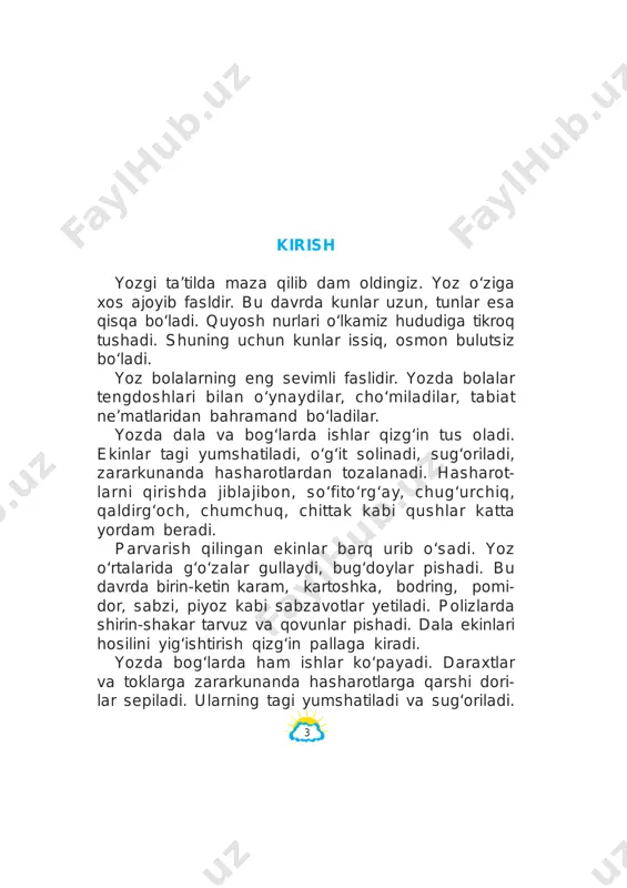 iga alohida e’tibor berib kelin- moqda. har yili erta bahorda hashar yo‘li bilan yo‘l chetlariga, binolar atrofi ga ko‘plab manzarali daraxt ko‘chatlari ekiladi. siz 4-sinf «tabiatshunoslik» darslarida avval koinot bilan, so‘ngra o‘lkamizdagi daryo va ko‘llar, o‘rmonlar, cho‘llar, tog‘lar, adirlar tabiati bilan tanishasiz. mamla- katimiz tabiati xilma-xilligini bilib olganingizdan keyin vatanimiz bo‘ylab sayohat qilasiz. bunda toshkent shahri, har bir viloyat va qoraqalpog‘iston respubli- kasi tabi atini alohida o‘rganasiz. 1. yoz fasli boshqa fasllardan nimasi bilan farq qiladi? 2. yozda dala va bog‘larda qanday o‘zgarishlar bo‘ladi? 3. uy hayvonlari qayerda boqiladi? ular insonlarga qanday foyda keltiradi? 4. 2-rasmda qanday jonivorlar tasvirlangan? 5. o‘lkamizning go‘zal tabiati haqida gapirib bering. turli o‘simliklardan gerbariy tayyorlang. ? 7 yer – quyosh sistemasidagi sayyora yulduzlar. quyosh yulduzli osmon tunlari osmonda son-sanoqsiz yulduzlar ko‘rinadi. yulduzlar bizga mitti bo‘lib ko‘rinsa-da, aslida ular- ning har biri juda ulkan. yulduz bizdan nihoyatda olisda olovdek yonib turgan shar shaklidagi ulkan osmon jismidir. …