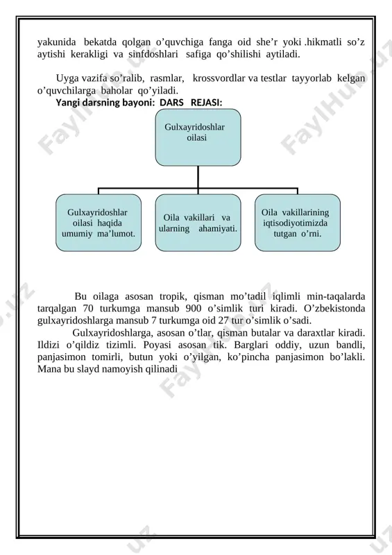 uvchi dori sifatida ishlatiladi. bu turkumga oid turlardan 6 tasi o’zbekistonda o’sadi. bularning hammasi ham begona o’tdir. tugmachagul: mana bu slayd namoyish qilinadi [image: image5.png] 7—umumiy ko’rinishi; 2— mevasi; 3—urug’i. o’zbekistonda oilaning tabiiy holda o’sadigan tugmachagul, gulxayri, dag’al kanop, bo’ritaroq kabi turkumlari bor. daryo va ko’llar sohilidagi to’qaylarda, sernam yerlarda dorivor gulxayri o’sadi. u gulxayri turkumiga oid, bo’yi 70—150 sm keladigan ko’pyillik o’t. ildizidan tayyorlangan damlama ilmiy ta-bobatda yo’talga qarshi ishlatiladi. [image: image6.png] respublikamizda ekiladigan, gulxayridoshlarga mansub o’simliklar orasida g’o’za asosiy o’rinni egallaydi. o’zbekistonda g’o’za turkumiga mansub asosan 3 tur o’sadi. bularning hammasi ham bir yillik, madaniy o’simlik sifatida o’stiriladi. 1. jaydarig’o’za — ko’saklari mayda. tolasi mallarang, qisqa va dag’al. vatani afrika, o’rta osiyoda eramizdan oldingi davrlardan boshlab to 1925-yilgacha ekilgan. hozirgi vaqtda uni faqat tajriba maydonlarida uchratish mumkin. [image: image7.png] 2. meksika g’o’zasi yoki oddiy g’o’za. ostki gulko-sachabarglari 3 ta. gullari yirik, gultojbarglari och sariq, tubi qizil, dog’siz. ko’saklari …