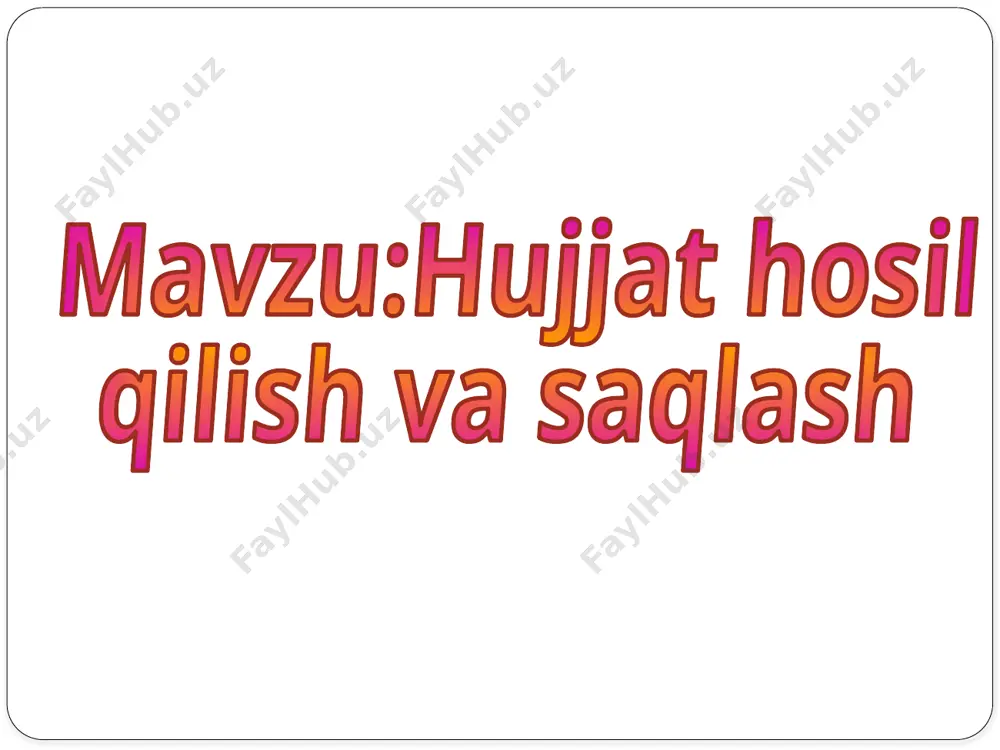 agar u birinchi marta saqlana-yotgan bo'lsa, fayl menyusidan “saqlash” (soxranit) yoki “…kabi saqlash” (soxranit kak…) buyrug'i tanlanadi. natijada ekranda „hujjatni saqlash” muloqot oynasi hosil bo`ladi. kerakli papka (papka) tanlanib, fayl nomi (masalan, „informatikadan referat") yoziladi va saqlash (soxranit) tugmasi bosiladi. navbatdagi saqlashda fayl menyusidagi saqlash buyrug'ini tanlash yoki standart uskunalar panelidagi saqlash tugmasini bosish kifoya. agar avval saqlangan faylni boshqa nom bilan yoki boshqa papkada saqlash lozim bo'lsa, u holda fayl menyusidan faqatgina “...kabi saqlash" (soxranit kak… ) buyrug'i tanlanadi. yozayotgan matningizni vaqt-vaqti bilan saqlab turish yodingizdan chiqmasin! faol ishtirokingiz uchun rahmat! image2.wmf image3.png image4.png image5.png image6.png image7.png image8.png image9.png image10.jpeg image11.png image12.png image13.png image14.wmf image15.jpeg audio1.wav image16.gif