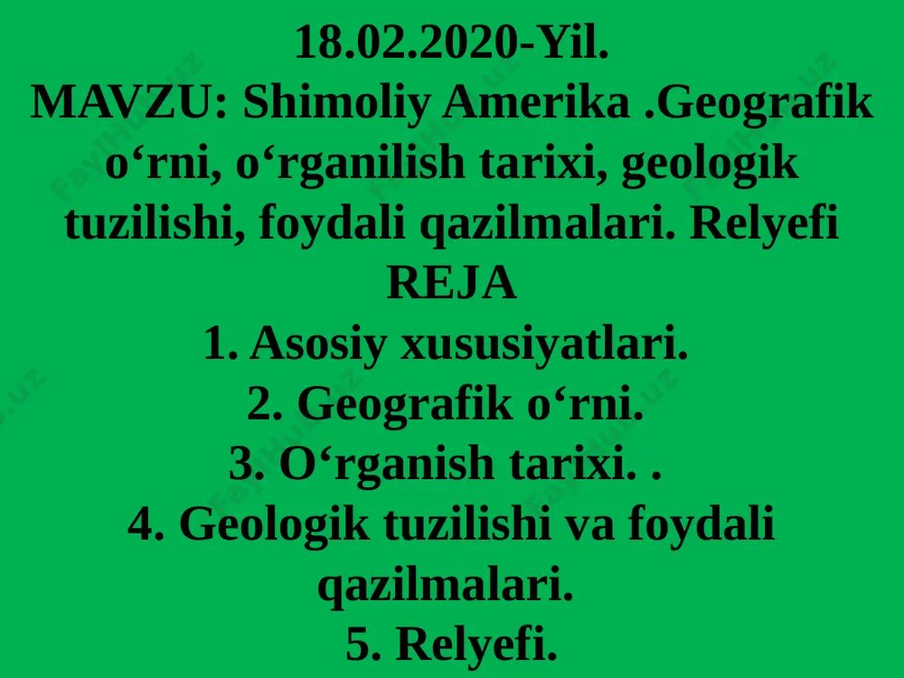 ydi. bu hududlarda lavrentiy qirlari, markaziy tekislik, missisipi pasttekisligi va buyuk tekisliklar asosiy relyef shakllaridir materikning sharqiy qismida appalachi tog‘i joylashgan. bu past tog‘ bo‘lib, ural tog‘i singari keksa. uning eng baland cho‘qqisi mitchell tog‘idir (2 037 m). uning janubi-g‘arbiy yonbag‘rida dunyodagi eng uzun (500 km) flint-mamont g‘ori bor. mavzuni mustahkamlash: klaster usulda: uyga vazifa:99-101-betlarni o’qib o’rganib yangiliklar to’plab kelish savollarga javob yozib kelish. * etiboringiz uchun raxmat ko’rishguncha sog’ bo’linglar