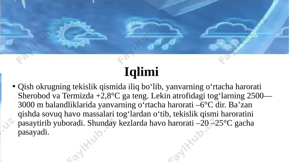 arida alluvial-o‘tloq va botqoq tuproqlar uchrasa, janubiy qismidagi qum massivlarida qumli va qumloq tuproqlar uchraydi tuproqlari okrugning 500 m dan 1200 m balandlikkacha bo‘lgan qismida oddiy va to‘q tusli bo‘z tuproqlar tarqalgan. bunday tuproqlar ko‘p joylarda o‘zlashtirilib, madaniy bo‘z tuproqqa aylantirilgan. surxondaryoning 1500—2500 m dan balandda bo‘lgan tog‘ yonbag‘irlarida to kibidagi chirindi 4—6 foizga boradi. 2500 m dan yuqorida yaylov mintaqasi boshlanib, tog‘-o‘tloq, o‘tloq, o‘tloq-botqoq tuproq uchraydi. o‘simliklari o‘simliklari. okrugning 500 m balandlikkacha bo‘lgan qismida cho‘l mintaqasiga oid o‘simliklardan rang, iloq,qo‘ng‘irbosh, no‘xatak, shuningdek, shuvoq va boshqa o‘simliklar o‘sadi. yirik daryo qayirlarida to‘qay o‘simliklari mavjud.yerosti suvlari yer betiga yaqin bo‘lgan joylarda sho‘ralar o‘sadi. surxondaryo vodiysining janubiy qismidagi qumloqlarda juzg‘un, qum ilog‘i, quyonsuyak kabi o‘simliklar uchraydi. adirda ko‘proq efemer o‘simliklar hamda shuvoq, kavrak,qo‘ziquloq, bir yillik astragal, javdar, bug‘doyiq kabilar mavjud.shuningdek, adirlarda butasimon o‘simliklardan itburun, bodom, zirk kabilar ham o‘sadi. o‘simliklari surxondaryo tog‘larida (1500—2500 m) bug‘doyiq, javdar,tirchoq, yovvoyi arpa, shirach; qurg‘oqchil va toshloq …
