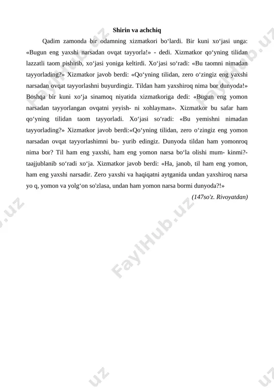 larimga ishonmadim: u yerda qobil bobo vaqtidagi manzara qayta jonlanibdi, yo‘q undan ham fayzliroq... kuz boshlanganiga qaramay daraxtlaming shox-yaproqlari yam-yashil. oldingisidan kengroq ariqda zilol suv ayqirmoqda. sho‘ra- yu, ajriqlardan musaffo bo‘lgan gulzorda esa rango-rang gul, rayhonlar gurkirabdi. [bookmark: _goback](127 so‘z. hakim nazir) navro‘z 4-diktantlar to'plami 49 qish ozorsiz oppoq etagini ko‘tarib bahorga o‘mini bo‘shatdi. tip-tiniq osmon asta-sekin qizg‘ish alangaga bo'yaldi. bu - bahor quyoshining beminnat nurlari. yaqin orada qorlar mutlaqo erib tugaydi. so‘ngra suvlar ko'pirib, shovillab vodiyga oqib tushadi. yerga singib, uni ko‘pchitadi. shu tariqa chigit ekish, urug‘ sepish pallasiga navbat yetadi. dehqon. elning yagona maqsad-maslagi shu. tabiat yangitdan kelinlik libosiga burkanib uni hayajonga soladi, maqsadlari tomon yetaklaydi. el ohorli kiyimini kiy- ib, tun bo‘yi pishirgan lazzatli taomlarini olib, navro‘zni qarshilash uchun qirlarga chiqadi. ilk quyosh nurlari olamni lolarangga bo‘yay boshlagan lahzalardanoq odamlar daryo sohilini, daryo ustidagi ko‘prik- ni liq to‘ ldirdi. rango-rang kiyingan erkak va ayollaming qo‘llarida tugun. hayrat …