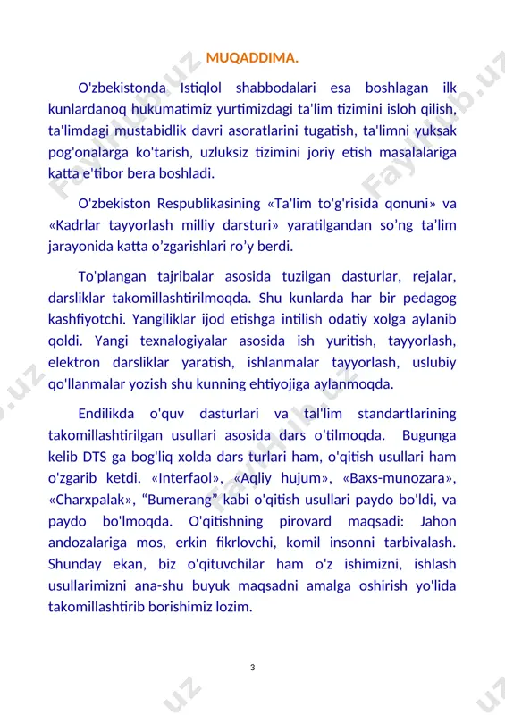 haqida nimalar deyish mumkin? bu yillarda yoshlarga e'tibor kuchaydi, ta'lim sohasidagi o`zgarishlar ortdi, tub o`zgarishlar bo`ldi. yoshlarimiz chet davlatlarga borib, o`z bilimlarini va malakalarini oshirish uchun imkoniyatlar yaratildi. sportga bo`lga e’tibor kuchaydi. har tomonlama etuk, jismonan sog’lom va ma’naviy barkamol komil insonni tarbiyalash masalasi qo’yildi. [image: image1.jpg]o`quvchilar o`z fikrlarini aytadilar prezident asarlarini nomlarini o`quvchilar sanaydilar. 1. barkamol avlod orzusi 2. kuch bilim va tafakkurda 3. yuksak ma’naviyat-yengilmas kuch 4. ona yurtimiz baxtu iqboli va buyuk kelajagi yo’lida xizmat qilish eng oliy saodatdir. [image: image13.jpg]o`quvchilar bizdan juda ko`p allomalar etishib chiqqan. bobolarimizning oltin meroslaridan o`rnak olib, kelajakda o`zbekistonni buyuk davlatga aylantirish uchun kuchimizni ayamasligimiz kerak. sizlarning burchingiz bilim olish va o`zingiz sevgan kasbni egallashdir. o’quvchilar buyuk allomalarimiz meroslaridan, matematika sohasida amalga oshirgan ijodiy ishlaridan aytib o`tiladi. [image: image14.jpg][image: image15.jpg] o’rta osiyo va sharq mutafakkirlarining jahon sevilizatsiyasiga qo’shgan hissalari to’g’risida ma’lumotlar beriladi. 2. o`tilgan mavzuni yangi mavzuga bog`lash: o`quvchilar avvalgi bilimlarimizni mustahkamlamay …