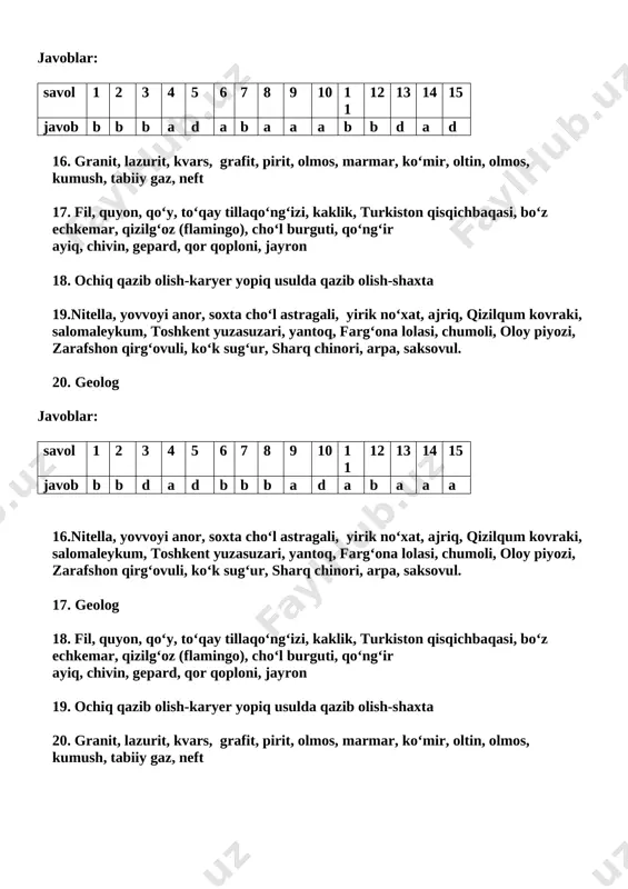 bilmayman 12. qo’riqxonada xo’jalik faoliyatini yuritish mumkin. bu qanday mulohaza? a) tog’ri b) notog’ri d) bilmayman 13. milliy bog’ davlat tomonidan qo’riqlansa ham ma’lum bir qismiga sayyohlar kirishiga ruxsat berilgan. bu qanday mulohaza? a) tog’ri b) notog’ri d) bilmayman 14. vulqon otilganda yerning ichki qismlaridan yuzasiga tomon qanday modda oqib chiqadi? a) magma b) qaynoq suyuqliq d) lazurit 15. lava qotgach nimaga aylanadi? a) turli to’g jinslariga b) toshga aylanadi d) a va b javoblar to’g’ri 16. qizil kitobga kiritilgan o’simlikka 5 ta misol yozing_____________________ 17.foydali qazilmalarni qidirib topish va qazib olish bilan shug’ullanuvchi kasb egalari kim?______________________________________________________________ 18. qizil kitobga kiritilgan hayvonlarga 5 ta misol yozing_________________________ 19.foydali qazilmalarning ochiq va yopiq usulda qazib olinishi nima deb ataladi?______________________________________________________________ 20. foydali qazilmalarga 5 ta misol yozing_____________________________________ javoblar: savol 1 2 3 4 5 6 7 8 9 10 11 12 13 14 15 javob b b b a d a b a …