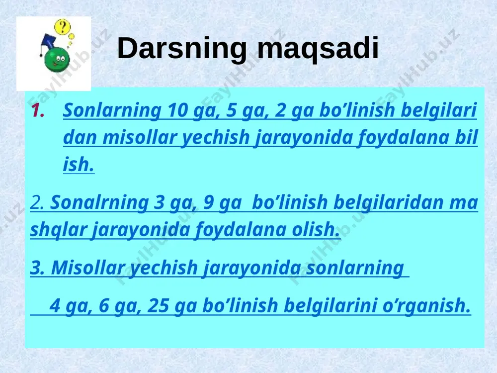 gasa) bunday son 4 ga bo’linadi. 4 ga bo’linish belgisi. 23 312 12 4 4 4 4 275 600 00 4 8 ga bo’linish belgisi. 7 848 848 8 8 misollar. 92 024 024 8 8 3 008 008 8 8 3 640 640 8 8 75 000 000 8 sonning yozilish tartibida olingan oxirgi uchta raqamidan (yoki 3 ta noldan) tuzilgan son 8 ga bo’linsa, bunday son 8 ga bo’linadi. 25 ga bo’linish belgisi. sonning yozilish tartibida olingan oxirgi ikki raqamidan tuzilgan son 25 ga bo’linsa bunday son 25 ga bo’linadi. 325 25 25 25 7 350 50 25 25 275 600 00 25 8 375 75 25 25 misollar 62 = 36 9 72 = 49 3(1 qoldiq) 82 = 64 3(1 qoldiq) 92 = 81 9 102 = 100 3(1 qoldiq) 112 = 121 3(1 qoldiq) 122 = 144 3(1 qoldiq) 132 = 169 3(1 qoldiq) 142 …