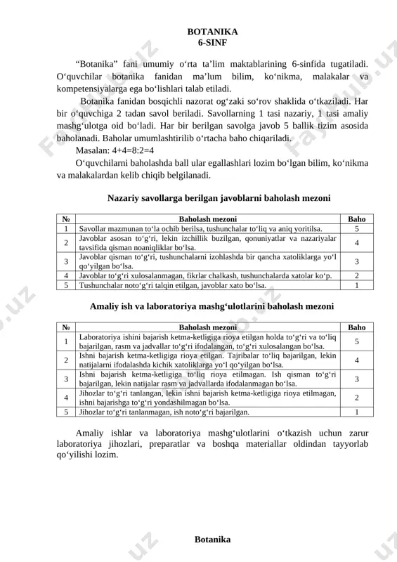 spublikasi “qizil kitobi”ga kiritilgan noyob o‘simliklar nomini ayting va ular haqida qisqacha ma’lumot bering. [image: image36.emf][image: image8.emf] 1 2 3 4 5-bilet 1. yovvoyi yem-xashak o‘simliklarini nomini va ularning yashash muhiti haqida nimalarni bilasiz? 2. ushbu rasmdagi tajribani izohlang. [image: image9.png] 6-bilet 1. hujayra va uning asosiy qismlari haqida ma’lumot bering. 2. gulning tuzilish qismlari va vazifalarini aniqlang. [image: image10.jpg] 7-bilet 1. ildiz turlari va tizimlari haqida ma’lumot bering. 2. qarag‘ay daraxtining qismlarini aniqlang. [image: image11.png] 8-bilet 1. o‘simliklarning turiga va o‘sish sharoitiga qarab poyalarning xilma-xilligini misollar yordamida tushuntiring. 2. ulotriksning jinsiy va jinsiz ko‘payish sxemasini izohlang. [image: image12.png] 9-bilet 1. madaniy o‘simliklarning qanday vegetative ko‘payish turlari ma’lum? 2. kurtakning ichki va tashqi tuzilishi va poyada joylashishi haqida to‘liq ma’lumot bering. [image: image13.png] 10-bilet 1. qovoqdoshlar oilasining o‘ziga xos xususiyatlari nimalardan iborat? 2. ushbu rasmdagi o‘simliklarning nafas olish tajribasini izohlang. [image: image14.png] 11-bilet 1. meva va urug‘lar qanday yo‘llar bilan …