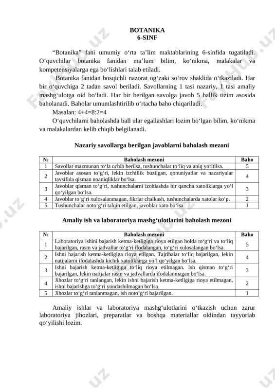 spublikasi “qizil kitobi”ga kiritilgan noyob o‘simliklar nomini ayting va ular haqida qisqacha ma’lumot bering. [image: image35.emf][image: image8.emf] 1 2 3 4 5-bilet 1. yovvoyi yem-xashak o‘simliklarini nomini va ularning yashash muhiti haqida nimalarni bilasiz? 2. ushbu rasmdagi tajribani izohlang. [image: image9.png] 6-bilet 1. hujayra va uning asosiy qismlari haqida ma’lumot bering. 2. gulning tuzilish qismlari va vazifalarini aniqlang. [image: image10.jpg] 7-bilet 1. ildiz turlari va tizimlari haqida ma’lumot bering. 2. qarag‘ay daraxtining qismlarini aniqlang. [image: image11.png] 8-bilet 1. o‘simliklarning turiga va o‘sish sharoitiga qarab poyalarning xilma-xilligini misollar yordamida tushuntiring. 2. ulotriksning jinsiy va jinsiz ko‘payish sxemasini izohlang. [image: image12.png] 9-bilet 1. madaniy o‘simliklarning qanday vegetative ko‘payish turlari ma’lum? 2. kurtakning ichki va tashqi tuzilishi va poyada joylashishi haqida to‘liq ma’lumot bering. [image: image13.png] 10-bilet 1. qovoqdoshlar oilasining o‘ziga xos xususiyatlari nimalardan iborat? 2. ushbu rasmdagi o‘simliklarning nafas olish tajribasini izohlang. [image: image14.png] 11-bilet 1. meva va urug‘lar qanday yo‘llar bilan …