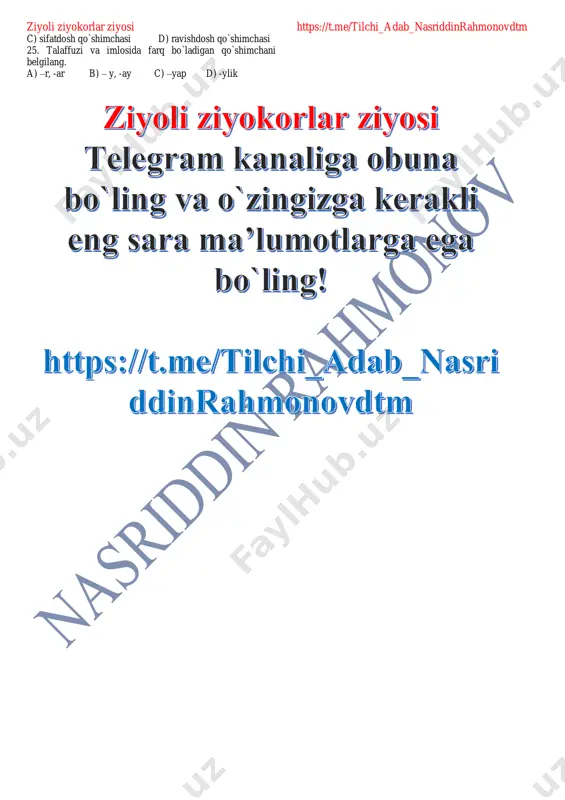 nosini bildiradi. 18. pastda esa odamni oqizadigan katta suv xarsanglarga urilib, shovullab oqayapti. berilgan gapda qaysi turkumga oid so'zni yozishda imloviy xatoga yo'l qo'yilgan? a) ravish b) fe'l c) ravishdosh d) ot 19. qaysi qatordagi gapda sodda tub fe'l ishtirok etgan? a) kunlardan bir kuni durroj: "men tuzoqqa tushdim!"- deb sherni aldadi. b) butun mavjudot qaytadan yasharmoqda. c) bir-birimiz bilan eski qadrdonlardek suhbatlashdik. d) dunyoda pok odamlar qanchalik ko'paysa, nopok odamlar shunchalik kamayadi. 20. qaysi gapdagi fe'l tarkibida ko'makchi fe'l mavjud? a) hakim bobo har bir niholni parvarish qilardi. b) o’yin-kulgi, askiya yarim kechagacha cho'zilib ketdi. c) onam bilan miriqib suhbatlashdik. d) choyxonachi patnisda non bilan qand-qurs, kabobpaz kabob olib keldi. 21. fe'1+fe'l shaklidagi qo'shma fe'llarni toping. a) sotib yubormoq, o`ylab qolmoq b) olib qochmoq, ishlab chiqarmoq c) quvonib keldi, shoshirib qo`ydi d) isib ketdi, yozib bordi 22. ko'makchi fe'lni qabul qiluvchi ravishdosh shakli... a) ko'makchi fe'lli so'z qo'shilmasi sanaladi …
