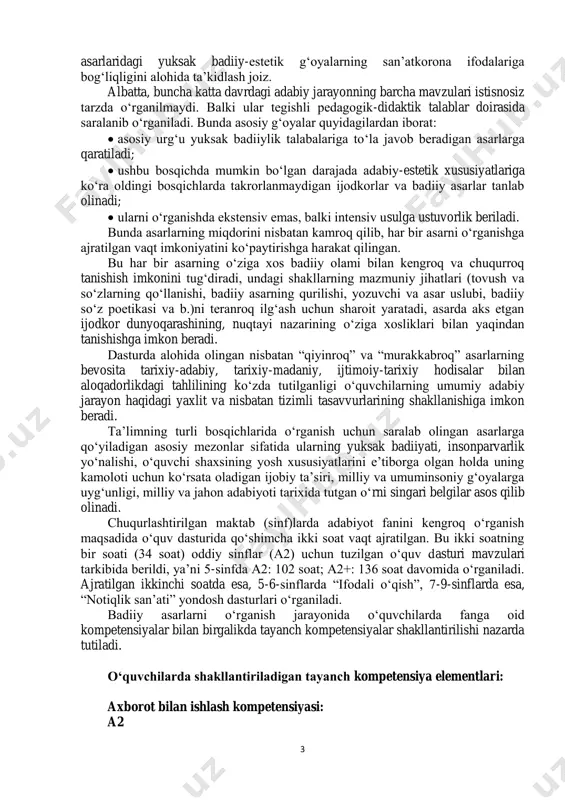 xos badiiy olami bilan kengroq va chuqurroq tanishish imkonini tug‘diradi, undagi shakllarning mazmuniy jihatlari (tovush va so‘zlarning qo‘llanishi, badiiy asarning qurilishi, yozuvchi va asar uslubi, badiiy so‘z poetikasi va b.)ni teranroq ilg‘ash uchun sharoit yaratadi, asarda aks etgan ijodkor dunyoqarashining, nuqtayi nazarining o‘ziga xosliklari bilan yaqindan tanishishga imkon beradi. dasturda alohida olingan nisbatan “qiyinroq” va “murakkabroq” asarlarning bevosita tarixiy-adabiy, tarixiy-madaniy, ijtimoiy-tarixiy hodisalar bilan aloqadorlikdagi tahlilining ko‘zda tutilganligi o‘quvchilarning umumiy adabiy jarayon haqidagi yaxlit va nisbatan tizimli tasavvurlarining shakllanishiga imkon beradi. ta’limning turli bosqichlarida o‘rganish uchun saralab olingan asarlarga qo‘yiladigan asosiy mezonlar sifatida ularning yuksak badiiyati, insonparvarlik yo‘nalishi, o‘quvchi shaxsining yosh xususiyatlarini e’tiborga olgan holda uning kamoloti uchun ko‘rsata oladigan ijobiy ta’siri, milliy va umuminsoniy g‘oyalarga uyg‘unligi, milliy va jahon adabiyoti tarixida tutgan o‘rni singari belgilar asos qilib olinadi. chuqurlashtirilgan maktab (sinf)larda adabiyot fanini kengroq o‘rganish maqsadida o‘quv dasturida qo‘shimcha ikki soat vaqt ajratilgan. bu ikki soatning bir soati (34 soat) …