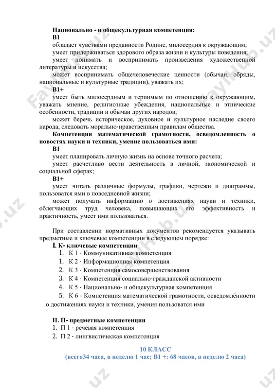 i moralnomu sovershenstvu; stremitsya v techenie jizni obuchatsya, postoyanno rabotat nad povisheniem urovnya svoix znaniy, opita; v1+ umeet adekvatno otsenivat svoi deystviya, kontrolirovat sebya, bit chestnim, pravdivim; umeet reshat voznikayushie v povsednevnoy jizni problemi, ispolzuya svoy jiznenniy opit i znaniya. kompetentsiya sotsialno-grajdanskoy aktivnosti: v1 mojet osoznavat soprichastnost obshestvennim sobitiyam, protsessam i aktivno v nix uchastvovat; znaet i soblyudaet svoi grajdanskie prava i obyazannosti; v1+ soblyudaet normi rechevogo etiketa v sotsialnoy deyatelnosti i grajdanskix otnosheniyax, obladaet ekonomicheskoy i pravovoy kulturoy. natsionalno - i obshekulturnaya kompetentsiya: v1 obladaet chuvstvami predannosti rodine, miloserdiya k okrujayushim; umeet priderjivatsya zdorovogo obraza jizni i kulturi povedeniya; umeet ponimat i vosprinimat proizvedeniya xudojestvennoy literaturi i iskusstva; mojet vosprinimat obshechelovecheskie tsennosti (obichai, obryadi, natsionalnie i kulturnie traditsii), uvajat ix; v1+ umeet bit miloserdnim i terpimim po otnosheniyu k okrujayushim, uvajat mnenie, religioznie ubejdeniya, natsionalnie i etnicheskie osobennosti, traditsii i obichai drugix narodov; mojet berech istoricheskoe, duxovnoe i kulturnoe …
