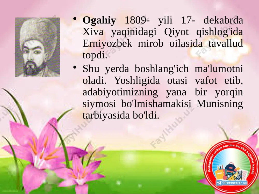 ochilgan; muzey oldida ogahiyga haykal o‘rnatilgan. ogahiy g`azalyoti musoviyattarafayn ul sho'xki ochildi xat-u ruxsori ochildi rayohinda yuzi gulnori xat-u yuzi besabr-u qarori man-man ruxsori gulnori man man zori ilohi, har kuning navro'z bo'lsun… ilohi, har kuning navro'z bo'lsun, hamisha tole'ing feruz bo'lsun. bo'lub ayyomi navro'zing muborak, zamiring inbisot anduz bo'lsun. qilib partav fikanlik ayni adling quyoshoso jahon afruz bo'lsun. sango doyim bo'lub davlat qushi rom, shikor andoz-u dastomuz bo'lsun... ustina mushkin qoshining hay'ati ul chashmi jallod ustina, qatlim uchun "nas" kelturur "nun" eltibon "sod" ustina. qilg'il tamosho qomati zebosi birla orazin, gar ko'rmasang gul bo'lg'onin payvand shamshod ustina. noz-u adou g'amzasi qasdim qilurlar dam-badam, vah, muncha ofatmu bo'lur bir odamizod ustina. man xastag'a jon asramoq emdi erur dushvorkim, qotil ko'zi bedod etar har lahza bedod ustina... bilimingizni sinang! 1. o`z ijodining ko`lami, she’riyatining ko`rkamligi va badiiy salmog’i bilan navoiydan keyingi o`rinda turuvchi sermahsul va serqirra ijodkor kim? 2. ogahiy qachon, …
