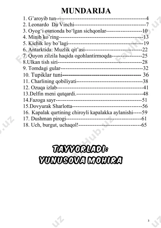 h dumi bilan eshikni urib, uni teshib qo‘ygan edi. 5 anina tezda flamingo rasmini eshikning teshigiga qo‘ydi-da, bor ovozi bilan «botqoqdan chiq! kisht-kisht!» deb qichqirdi. shundan so‘ng jurnalni teshikdan yo‘lakka uloqtirdi va chapak chalib chinqirdi. u nimadir sodir bo‘lishiga zo‘rg‘a ishongan edi. kutilmaganda, yo‘lak qanotlarini yoyib olib, uzun va ozg‘in oyoqlari bilan u yoqdan bu yoqqa qiyqirib yugurayotgan flamingolarga to‘lib ketdi. anina qushlardan birining kungaboqarni cho‘qiyotganligiga va boshqasi esa tumshug‘i bilan onasining shlapasini tortayotganligiga ko‘zi tushdi. shuningdek, u yana bir flamingo timsohning og‘ziga kirib ketganini, timsoh uni ikki yamlab yutib yuborganini va o‘sha zahoti kungaboqarni tumshug‘ida ushlab turgan flamingoni ham tutib olganini ko‘rdi. ikkita flamingo timsoh uchun yetarli bo‘ldi, shekilli, u xotirjam yo‘lakning o‘rtasiga cho‘zildi. u ko‘zlarini yumdi-yu, ortiqcha harakatlanmadi. anina eshikni sekin ochib, lip etib yo‘lakka chiqib oldi. u rasmsiz jurnal muqovasini timsohning burni ostiga qo‘ydi. iltimos, – shivirladi u, – «uyingga qaytib keta qol». keyin u yotoqxonasiga qaytib, …