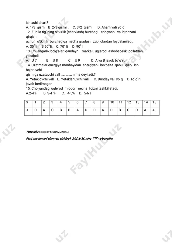 yòq dtòg̀ri javobberilmagan 15.cho‘yandagiuglerodmiqdorinechafoiznitashkiletadi. a.2-4% b.3-4% c.4-5% d.5-6% s 1 2 3 4 5 6 7 8 9 10 11 12 13 14 15 j d a c b b a d d a d b c d a a tuzuvchi:sᴏxɪʙᴏᴠ ᴍᴜʜᴀᴍᴍᴀᴅᴀʟɪ farg'onatumanichimyonqishlog'i2-i.d.u.m.ning7"b"-o'quvchisi.