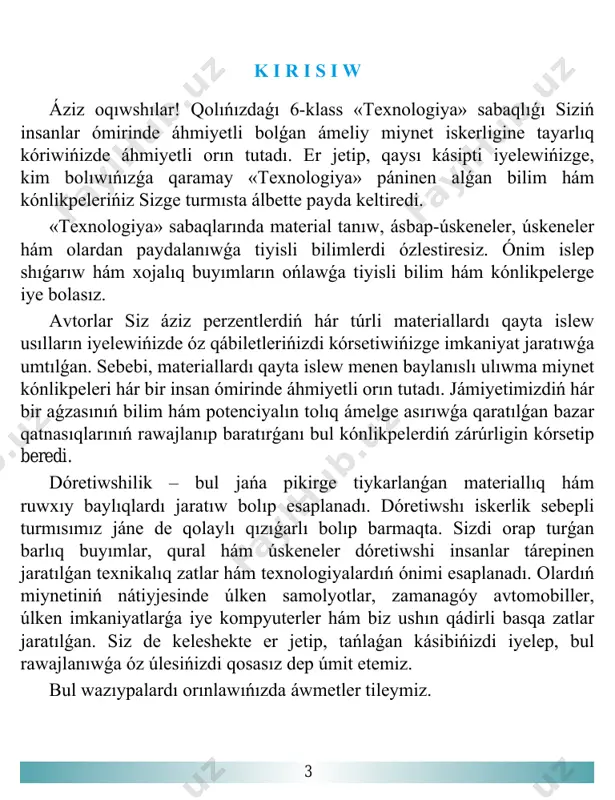 enedı. aǵashtıń túrleniwin jasalma túrde arttıriw ushın laklew hám maylaw jumısları alıp barıladı. aǵashtıń tábiyǵıy gúli (teksturası). jonıw waqtında aǵashtıń talshıqları, ózektiń nurları hám jıllıq saqıynalarınıń kesilisiwi nátiyjesinde aǵashtıń tábiyǵıy gúli payda boladı. aǵashtıń iyisi. aǵash ózindegi smolalar, efir mayları hám kislotalarınıń payda bolıwı jáne quramına qarap hár qıylı iyiske iye boladı. jańadan kesilgen aǵashtıń ózek tárepi ótkir iyisli boladı. aǵash qurıǵan sayın iyisi azayadı, geyde iyisi ózgerip ketedi. iyistiń ózgeriwi aǵashtıń buzılıwına da baylanıslı boladı. 5 aǵashtıń ıǵallıǵı. íǵallıq terektiń tirishiligi hám onıń ósiwi ushın kerek bolǵan tiykarǵı faktorlardan biri. íǵallıq – terektiń ósiw jaǵdayına hám túrine, jańadan kesilgen yamasa burın kesilgenine, quwraǵan yamasa quwramaǵanına qarap az yamasa kóp boladı. aǵashtıń kebiwi. aǵashta erkin hám baylanǵan suwlar boladı. aǵashtıń ishki boslıqların, yaǵnıy kletkalardıń ishindegi hám kletkalardıń arasındaǵı boslıqtı toltırıwshı suwlar erkin yamasa kapillyar ıǵallıq, kletka perdeleri tárepinen sorılǵan suwlar baylanısqan yamasa gigroskopiyalıq ıǵallıq dep ataladı. aǵashtıń ıǵallanıp isiniwi. eger …