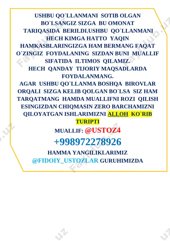 dim ___.09.202_yil 8 tanishdim ___.09.202_yil 9 tanishdim ___.09.202_yil 10 tanishdim ___.09.202_yil 11 tanishdim ___.09.202_yil 12 tanishdim ___.09.202_yil 13 tanishdim ___.09.202_yil 14 tanishdim ___.09.202_yil 15 tanishdim ___.09.202_yil 16 tanishdim ___.09.202_yil 17 tanishdim ___.09.202_yil 18 tanishdim ___.09.202_yil 19 tanishdim ___.09.202_yil 20 tanishdim ___.09.202_yil 21 tanishdim ___.09.202_yil 22 tanishdim ___.09.202_yil 23 tanishdim ___.09.202_yil 24 tanishdim ___.09.202_yil 25 tanishdim ___.09.202_yil 26 tanishdim ___.09.202_yil 27 tanishdim ___.09.202_yil 28 tanishdim ___.09.202_yil 29 tanishdim ___.09.202_yil 30 tanishdim ___.09.202_yil yo`riqnoma bilan tanishtiruvchi va to`garak mashg`uloti rahbari: _________ _____________ “ona tili o’qish savodxonligi” fanidan yosh tilchilar o’quvchilar a`zolarining ro`yxati № o`quvchilarning familiyasi, ismi tug`ilgan yili sinfi yashah manzili 1 ___.____.20___ yil 3-sinf ____________ viloyati ________tumani “___________” maxallasi _______ ko’chasi 2 ___.____.20___ yil 3-sinf ____________ viloyati ________tumani “___________” maxallasi _______ ko’chasi 3 ___.____.20___ yil 3-sinf ____________ viloyati ________tumani “___________” maxallasi _______ ko’chasi 4 ___.____.20___ yil 3-sinf ____________ viloyati ________tumani “___________” maxallasi _______ ko’chasi 5 ___.____.20___ yil 3-sinftelgram orqali @ustoz4 telefon …