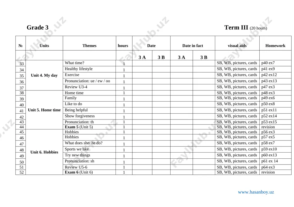 1 sb, wb, pictures, cards review 68 exam 8 (unit 4-8) 1 sb, wb, pictures, cards revision ushbu ish rejaning kundali varianti, konspekti, nazorat ishlari, darslik audiolari va qo’shimcha materiallarni to’liq holda olish uchun telegramdan @hasanboy_uz yoki +99891 1800985 telegram raqamiga bog’laning. web-sayt: www.hasanboy.uz telegram kanal @uzteachers www.hasanboy.uz