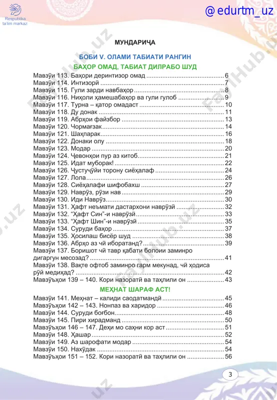 ...............................................33 mavzo'i 133. “њaft shin”-i navro'zї .................................................35 mavzo'i 134. surudi baњor ...............................................................37 mavzo'i 135. њosilash bisyor shud ....................................................38 mavzo'i 136. abrњo az chї iboratand? ..............................................39 mavzo'i 137. borishot chї tavr ќabati boloii zaminro digargun mesozad? ............................................................................41 mavzo'i 138. vaќte oftob zaminro garm mekunad, chї њodisa ro'y mediњad? ....................................................................................42 mavzo''њoi 139 – 140. kori nazoratї va taњlili on .....................43 meњnat sharaf ast! mavzo'i 141. meњnat – kalidi saodatmandї ...................................45 mavzo''њoi 142 – 143. nonpaz va xaridor ......................................46 mavzo'i 144. surudi boѓbon ..............................................................48 mavzo'i 145. piri xiradmand ..........................................................50 mavzo''њoi 146 – 147. deњi mo saњni kor ast .................................51 mavzo'i 148. њashar ...........................................................................52 mavzo'i 149. az sharofati modar ....................................................54 mavzo'i 150. naxo'dak ........................................................................54 mavzo''њoi 151 – 152. kori nazoratї va taњlili on .....................56 @edurtm_uz 4 bobi vi. az ganљinai eљodiyoti xalќ sayoњat ba olami afsonaњo mavzo'i 153. kaloba kuљo shud? .........................................................57 mavzo'i 154. davomi afsonai “kaloba kuљo shud?” .........................59 mavzo'i 155. davomi afsonai …