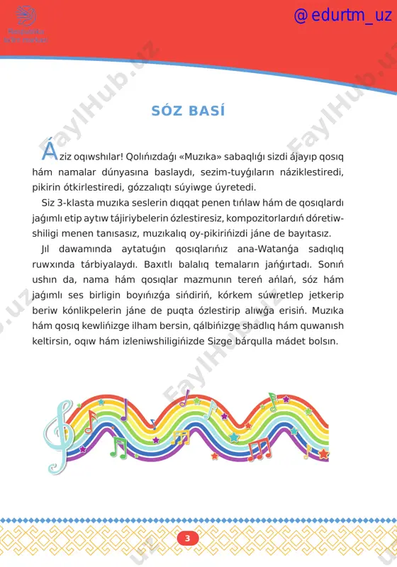 h’ali, tinchlik posboni, haqsevar, ona yurt, mangu bo‘l obod! naqıratı: oltin bu vodiylar — jon o‘zbekiston, ajdodlar mardona ruhi senga yor! ulug‘ xalq qudrati jo‘sh urgan zamon, olamni mahliyo aylagan diyor! @edurtm_uz 8 qaraqalpaqstan respublikasíníń mámleketlik gimni ibrayım yusupov sózi najimaddin muxameddinov muzıkası saltanatlı @edurtm_uz 9 jáyhun jaǵasında ósken bayterek, túbi bir, shaqası mıń bolar demek. sen sonday sayalı, quyashlı elseń, tınıshlıq hám ıǵbal sendegi tilek. naqıratı: diyqan baba nápesi bar jerinde, juwsan ańqıp, kiyik qashar shólinde. «qaraqalpaqstan» degen atıńdı áwladlar ádiwler júrek tórinde. aydın keleshekke shaqırar zaman, mártlik, miynet, bilim jetkizer oǵan. xalqıń bar azamat, dos hám miyirman, erkin jaynap-jasna, máńgi bol aman. naqıratı: diyqan baba nápesi bar jerinde, juwsan ańqıp, kiyik qashar shólinde. «qaraqalpaqstan» degen atıńdı áwladlar ádiwler júrek tórinde. @edurtm_uz 10 tákirarlaw aldınǵı sabaqta tanısqanıńızday, qosıq taktlerge bólinedi. takt kúshli hám kúshsiz úleslerden ibarat. kúshli úlestiń aldında qoyılǵan tik sızıqqa takt sızıǵı delinedi. taktler eki, úsh, tórt …