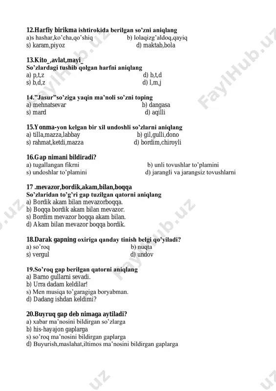 so’zlar d) darak gapli so’zlar 12.asosdosh so’zlar berilgan qatorni aniqlang a) bog’,bog’bon,bog’dorchilik b) kanal,ariq s) atirgil,boychechak d) olma,uzim 13.so’z yasovchi qo’shimchalar berilgan qatorni aniqlang a) -dan,-ning b) -ga,-ning s) -chi,-la,-kor,-dosh d) -ni,-ning,-dan 14.ilm_ bir yashar,ilm_ ming yashar. ushbu maqolda tushib qolgan so’z yasovchi qo’shimchani toping a)-li,-dosh b) -la,-siz s)-chi,-siz d) -siz,-li 15.”ish “so’ziga qaysi so’z yasovchi qo’shimchani qo’shsa shaxs otini yasaladi a) -la b)-chi s) –li d)- siz 16.qanday qo’shimchalar so’zlarni bir-biriga bog’laydi? a) egalik qo’shimchalar b) barcha qo’shimchalar s) kelishik qo’shimchalar d) shaxs otini yasovchi qo’shimchalar 17.eshik __ taqillatdi.tushib qolgan qo’shimchani aniqlang a) –ning b)-ni s) –ga d)-dan 18.”sinfdoshlarim”so’zing asosini aniqlang a) –dosh b)-lar s)-im d) –sinf 19.qaysi qo’shimchalar bilan tilimizda yangi so’zlar hosil bo’ladi? a) kelishiklar bn b) –da,-dan qo’shimchalari bilan s)-ga,-qa,-g’a qo’shimchalari bilan d) so’z yasovchi qo’shimchalar bilan 20.nima uchun asos so’zning asosiy qismi sanaladi? a) ma’no bildirgani uchun b) so’z yasovchi qo’shimchaligi uchun s) turlanishi uchun …