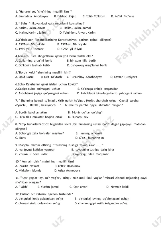 il bayrami qachon nishonlanadi ? a. 23- 26 oktabr kunlarida b. 15- 27 noyabr kunlarida c. 25-26 – sentabr kunlarida d. 17-22 – sentabr kunlarida 25.topishmoqning javobini toping “ hammaga to’n tikadi , o’zi yalong’och “ . a. bigiz b. igna c. qaychi d. tikuvchi 3- sinf o’qish ii- chorak 1. ”hunarni sev “she’rining muallifi kim ? a. sunnatilla anorboyev b. dilshod rajab c. tolib yo’ldosh d. po’lat mo’min 2. ‘’ bahs “ hikoyasidagi qahramonlarni ko’rsating ? a. karim , salim, anvar b. halim , salim, kamol c. halim, karim , salim d. yolqinjon , anvar , karim 3.o’zbekiston respublikasining konstitutsiyasi qachon qabul qilingan? a. 1991-yil 10- dekabr b. 1991-yil 18- noyabr c. 1992-yil 8- derabr d. 1992 –yil 2-iyul 4.temirchi usta shogirtlarini qaysi yo’l bilan tanlab oldi? a. gullarning urug’ini berib b. bir xum tilla berib c. do’konini tashlab ketib d. oshqovoq urug’larini berib 5.”bordir kulol “ she’rining muallifi …