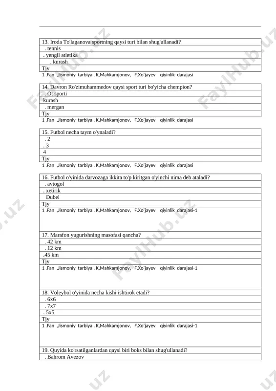 lik darajasi 25.futbol o’yinida necha o’yinchi ishtirok etadi? . 11x11 .7x7 . 6x6 tjy fan:jismoniy tarbiya qiyinchiliklar 2 1 .fan ,jismoniy tarbiya . k,mahkamjonov, f.xo’jayev qiyinlik darajasi-1 .44 km .42 km 45 km tjy 1 .fan ,jismoniy tarbiya . k,mahkamjonov, f.xo’jayev qiyinlik darajasi-1 27.futbol o’yinida darvozaga ikkita to’p kiritgan o’yinchi nima deb ataladi? .avtogol .xoterik .dubel tjy 1 .fan ,jismoniy tarbiya . k,mahkamjonov, f.xo’jayev qiyinlik darajasi-1 28.navoiy viloyatining futbol jamoasini aniqlang. zarafshon »paxtako.« r».« .«neftchi» tjy 1 .fan ,jismoniy tarbiya . k,mahkamjonov, f.xo’jayev qiyinlik darajasi 29.« paxtakor» futbol jamoasi qaysi viloyat jamoasi hisoblanadi? .toshkent bnavoiy .buxoro tjy 1 .fan ,jismoniy tarbiya . k,mahkamjonov, f.xo’jayev qiyinlik darajasi-1 30.irodato’laganova sportning qaysi turi bilan shug’ullanadi? .tennis .yengil atletika suzish tjy 1 .fan ,jismoniy tarbiya . k,mahkamjonov, f.xo’jayev qiyinlik darajasi-1 31.tennisdagi koptokni nima bilan uriladi . raketka oyoq . qo’l tjy 1 .fan ,jismoniy tarbiya . k,mahkamjonov, f.xo’jayev qiyinlik darajasi-1 32tennis o’ynaladigan maydon nima …