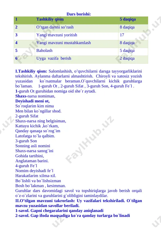 satibdi. chol kenja o`g`liga -sen nega indamaysan – debdi. -menga zumrad ko`zli uzuk ham, zarbof cho`pon ham , qimmatbaho kamar ham yo`q. lekin mehnatkash qo`lim , botir yuragim , aqlli boshim bor,-debdi kenja o`g`il. kenja o`g`ilning javobi cholga yoqibdi. bor –yo`gini kenja o`g`liga meros qilib qoldiribdi. [bookmark: bookmark25]mana matn bilan ham tanishib chiqdik. ma`nosini so`raladi. kenja o`g`il aqlli tufayli boylik topdi. chunki boylikni mehnat qilish orqali topish mumkinligini u bilardi. mehnat qilish orqali siz hurmatga, do`stlarga, boylikka erishishingiz mumkin. endi ajratib ko`rsatilgan gaplarni ko`chirib yozamiz. bir chol to`rt o`g`li bilan yashardi. kenja o`g`ilning javobi cholga yoqibdi. shu gaplardagi har bir gap bo`lagi qaysi so`z turkumiga kirishini ayting. bir-son, chol- ot, to`rt- son, o`gli- ot, bilan- bog`lovchi, yashardi- fe`l, kenja- sifat, javob- nima, yoqibdi-fe`l. dam olish daqiqasi hozir barchamiz ismlarimiz bosh harifiga mos sifat qo`yib ismlarimizni aytamiz. topqir tursunoy, malohatli munisa, jasur johongir, zukko zuhra, aqlli anvarjon, bilimdon bunyod, rostgo`y roziya, …