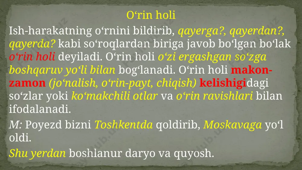 z uchun qilganman. u qasddan suqsuroyni xonga olib berdi. b. jo‘nalish kelishigidagi harakat nomi yoki harakat nomidan keyin uchun ko‘makchisi keltirish bilan: m: o‘quvchilar dam olishga dala shiyponiga kelishdi. bog‘dan chiqish uchun bir necha odim yurdi. bir chim uxlash uchun ko‘zini yumdi. c. ot yoki fe’llardan keyin uchun, deb, maqsadida, maqsadi bilan kabi so‘zlarni keltirish bilan: m: gulnor opa bafurja gaplashish maqsadida keldi. to‘ldiruvchi gapning biror bo‘lagiga (ko‘pincha kesimga) boshqaruv yo‘li bilan bog‘lanib, uni to‘ldirib kelgan ikkinchi darajali bo‘lak to‘ldiruvchi deyiladi. m: vodiylarni, tog‘larni oshib, dalalarda yolg‘iz adashib, kelib qoldi yurtingga omon. to‘ldiruvchi quyidagicha ifodalanadi: a. ot bilan: dilshod maktubni xolasiga berib, ko‘chaga chiqib ketdi. mansurov odamlar bilan xayrlashdi. b. otlashgan sifat bilan: yaxshiga qora yuqmas, yomonga el boqmas. c. otlashgan son bilan: beshni beshga qo‘shsak o‘n bo‘ladi. d. sifatdosh bilan: bilmagandan bilgan yaxshi, tog‘ri ishni qilgan yaxshi. e. harakat nomi bilan: uning kulib boqishlarini bir zum ham unutmaydi. f. …