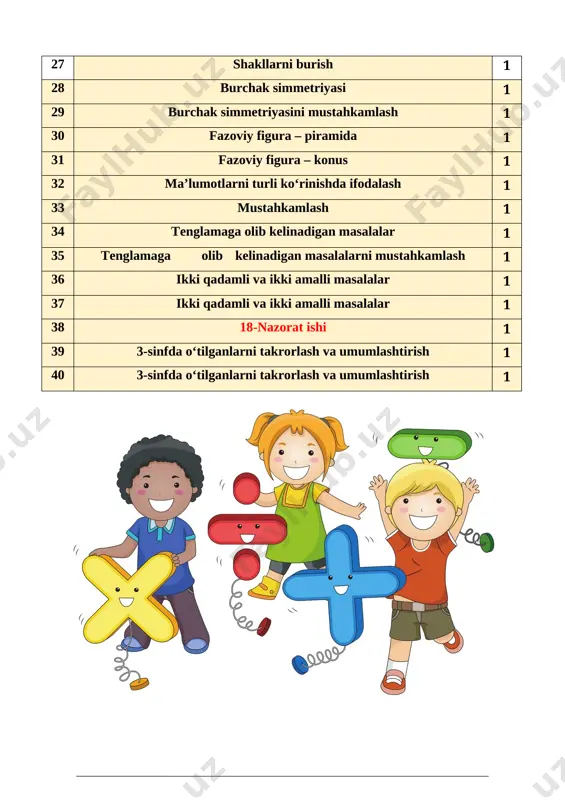 ] [image: image178.png] 2. to‘g‘ri to‘rtburchakni teng olti bo‘lakka bo‘lib, bitta bo‘lagini bo‘yang. endi yana bitta bo‘lagini bo‘yang. jami to‘rtburchakning qancha qismi bo‘yaldi? [image: image179.jpg]javob:jami 6dan 2 qismi bo`yaldi. yechish: [image: image2.png]+ [image: image4.png]=[image: image6.png] javob: to‘rtburchakning oltidan ikki qismi bo‘yalgan. maxraji bir xil kasrlarni qo‘shish uchun kasr maxraji o‘zi yoziladi, suratlari qo‘shiladi. 3.kasrlarni qo`shing. [image: image8.png] +[image: image10.png] =[image: image12.png] [image: image14.png] + [image: image16.png] =[image: image18.png] [image: image20.png] + [image: image22.png] = [image: image24.png] [image: image26.png] + [image: image28.png] = [image: image30.png] [image: image32.png] + [image: image34.png] = [image: image36.png] [image: image38.png] + [image: image40.png] = [image: image42.png] iv. yangi mavzuni mustahkamlash. shakllarning qancha qismi bo‘yalgan? qancha qismi bo‘yalmagan? kasr ko‘rinishida yozing. bo‘yalgan va bo‘yalmagan qismlarning yig‘indisini toping kavadrat: uchburchak to`g`rito`rtburchak [image: image44.png] + [image: image46.png] = [image: image48.png] [image: image50.png] + [image: image52.png] = [image: image54.png] [image: image56.png] + [image: image58.png] = [image: image60.png] 5. kasrning surati …