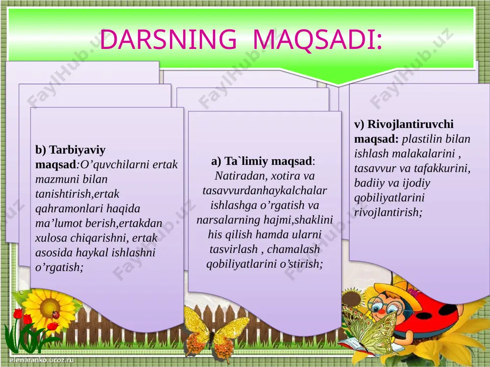 , do‘stim, durustroq mehmon qilay desam, boshqa hech narsam yo‘q. tulkiga rosa alam qilibdi, chunki u, bir haftalik ovqatimni o‘sha yerdan yeb kelaman, deb o‘ylagan ekan. u bir haftalik ovqat tugul, tuz ham totmay uyga qaytibdi. qilmish-qidirmish deganlaridek, tulkining qilgani o‘ziga qaytibdi. shundan keyin tulki bilan turnaning do'stligi poyoniga yetibdi. - demak, bugun “tulki bilan turna “ertagi bilan tanishdik. - qani, aytingchi, siz ingliz tili darsida qaysi hayvonlar bilan tanishgansiz? unda tulki va turna so’zlarini ingliz tiliga tarjima qilib bering. tuliki – fox turna - crane mustahkamlash 1. haykaltaroshlikka oid terminni aniqlang. a) mo‘yqalam; b)girih; c) plastilin; d) naqsh 2. borliqni uch o’lchovli shaklda tasvirlaydigan san’at turi nima? a) haykaltaroshlik; b) rangtasvir; c) grafika; d) qlamtasvir; 3. inson qiyofasi boshidan ko’kragigacha tasvirlangan bo’lsa bunday haykal nima deyiladi? a) haykal; c) relyefli haykal; b) buyust; d) portret; kichik hajmli dekorativ haykalchalar nima deb ataladi? a) mayda plastika; c) bo’rtma haykal; b) …