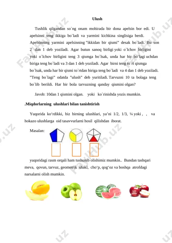 7.jpg][image: c:\users\teacher-pc\desktop\metodik tavsiya\8.jpg][image: c:\users\teacher-pc\desktop\metodik tavsiya\14.jpg] 2) 3) 10. butun doirani hosil qilish uchun uning sakkizdan bir ulishidan necha martaa olish kerak? 1) 4marta; 2) 2marta; 3) 8marta. 2 [image: c:\users\teacher-pc\desktop\metodik tavsiya\img_20191118_130632_430.jpg] [image: c:\users\teacher-pc\desktop\metodik tavsiya\img_20191118_130628_031.jpg][image: c:\users\teacher-pc\desktop\metodik tavsiya\img_20191118_130630_025.jpg]4 3 [image: c:\users\teacher-pc\desktop\metodik tavsiya\img_20191118_130625_058.jpg]6 5 [image: c:\users\teacher-pc\desktop\metodik tavsiya\img_20191118_130622_584.jpg] [image: c:\users\teacher-pc\desktop\metodik tavsiya\img_20191118_130620_330.jpg][image: c:\users\teacher-pc\desktop\metodik tavsiya\img_20191118_130616_808.jpg]8 7 [image: c:\users\teacher-pc\desktop\metodik tavsiya\img_20191118_130550_948.jpg] 9 [image: c:\users\teacher-pc\desktop\metodik tavsiya\img_20191118_130920_647.jpg]kasr deb nimaga aytiladi? misollar keltiring. [image: c:\users\teacher-pc\desktop\metodik tavsiya\img_20191116_082912_521.jpg] noto`g`ri va to`g`ri kasr ta`rifini ayting. misol keltiring. [image: c:\users\teacher-pc\desktop\metodik tavsiya\img_20191114_122404_336.jpg]surat va mahraj deb nimaga aytiladi? tarqatma materiallari javoblari: [image: c:\users\teacher-pc\desktop\screenshots\3.png]1. - aylananing uchdan bir ( ) qismi bo`yalgan. [image: c:\users\teacher-pc\desktop\screenshots\19.png]2. - aylananing uchdan bir ( ) qismi bo`yalgan. 3. · [image: c:\users\teacher-pc\desktop\metodik tavsiya\4.jpg]kvadratning ikkidan bir ( ) qismi bo`yalgan; [image: c:\users\teacher-pc\desktop\metodik tavsiya\5.jpg] · kvadratning ikkidan bir ( ) qismi bo`yalgan; [image: c:\users\teacher-pc\desktop\metodik tavsiya\6.jpg] · kvadratning ikkidan bir ( ) qismi bo`yalgan; 4. narsalarni teng bo‘laklarga bo‘lish davomida insonlar kasr sonlar (yarim, chorak, nimchorak kabilar)ga …