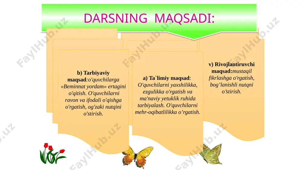 egayotganidan xursand edi . ey farzand ,shunday odamlar borki , o`zlari ko`zga tashlabmasa lar-da , qo`ldan kelgan barcha yordamlarini ayamaydilar . lug`at ishi bo`y cho`zib – o`sish beminnat yordam –xolis yordam o`ralashib – band bo`lish 20 bilimingizni sinang! 2 terak va tok qanday do`stlashdi ? a o`simlik bo`lgani uchun b bog`bon ularni birlashtirib bog`lab qo`ydi d terak va tok bir biriga chirmashib osdi 1 tok novdasi qanday ahvolda edi ? a nimjon b yangi , chiroyli d baquvvat ,sog`lom 3 rivoyatning bosh g`oyasi nima haqida ? a yolg`onchilik haqida b do`stlik , birovlarga xolis xizmat qilish d vatanparvarlik haqida beminnat yordam deganda nimani tushundingiz? beminnat yordam e`tiboringiz uchun rahmat ! image1.wmf image2.gif image3.gif image4.jpeg image5.gif image6.wmf image7.gif image8.gif image9.jpeg image10.gif image11.png image12.png image13.png image14.png image15.png image16.jpeg image17.jpeg image18.jpeg image19.jpeg image20.jpeg image21.png image22.jpeg image23.png image24.png image25.png image26.png image27.png image28.png image29.png image30.jpeg image31.gif image32.png image33.jpeg image34.wmf image35.wmf image36.png image37.png image38.png audio1.wav image39.gif …