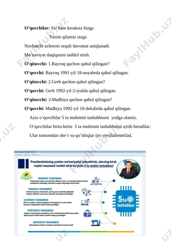 o’quvchisi bittadan rag’bat kartochkalari bilan rag’batlantiriladi. “sonli maqollar” ushbu o’yinda qaysi guruh o’quvchilari sonli maqollardan ko’proq aytib bersa o’sha guruh o’quvchilari rag’batlantiriladi. · bir yil tut ekkan kishi yuz gavhar teradi. · yetti o’lchab bir kes · bilagi zo’r birni yiqar, bilimi zo’r mingni · oltovlon ola bo’lsa og’zidagin oldirar · bir kun tuz ichkan joyinga qirq kun salom ber. · biniki mingga mingniki tumanga. · bir kattaning gapiga kir, bir kichikning · bir ko’rgan tanish ikki ko’rgan qarindosh · bir kessang o’nni ek. · sanamay sakkiz dema. 2-misol 20*14=280 t: 280:14=20 23*3=69 t: 69:3=23 40*17=680 t: 680:17=40 18*50=900 t: 900:50=18 60*13=780 t: 780:13=60 sirli sonlar 3-masala 1356 m ? 348 m ortiq ? 231 m ortiq yechish: 1) 1356+348=1704 2) 1704+231=1935 3) 1356+1704+1935=4995 m javob: 4995 m bo’ladi. dam olish daqiqasi. dam olish daqiqasida o’quvchilar “qor yog’ar” qo’shig’ini aytib raqsga tushadilar. shu paytda multimedia vositasi orqali qish manzarasi tasvirlanadi. …