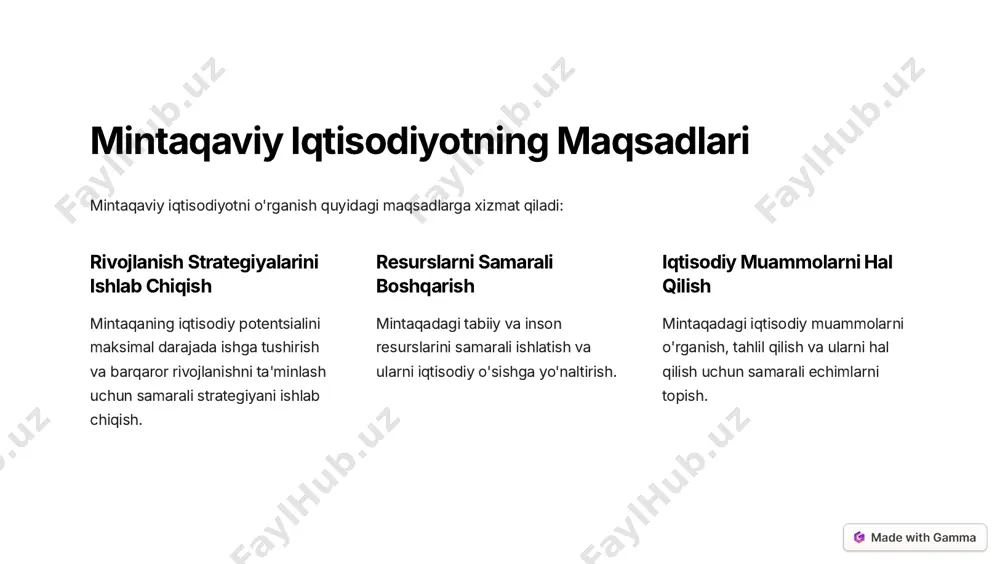 nadi. qishloq iqtisodiyot qishloq xo'jaligi, qishloq aholisi va qishloq joylarining iqtisodiy faoliyatini o'rganadi. https://gamma.app/?utm_source=made-with-gamma mintaqaviy iqtisodiyotning muhim omillari mintaqaviy iqtisodiyotning rivojlanishiga ta'sir qiluvchi bir qator muhim omillar mavjud: geografiya mintaqaning tabiiy resurslari, iqlim sharoiti va geografik joylashuvi iqtisodiy faoliyatga sezilarli ta'sir ko'rsatadi. aholi aholi soni, yosh tuzilishi, savodxonlik darajasi va mehnat resurslari iqtisodiy rivojlanishga ta'sir qiladi. ishlab chiqarish mintaqadagi ishlab chiqarish sohalari, texnologik darajasi va ishlab chiqarish samaradorligi muhim rol o'ynaydi. moliya investitsiyalar, kreditlar, moliyaviy resurslar va moliyaviy tizimning barqarorligi iqtisodiy o'sishga ta'sir qiladi. https://gamma.app/?utm_source=made-with-gamma mintaqaviy iqtisodiyotni o'rganish usullari mintaqaviy iqtisodiyotni o'rganish uchun quyidagi usullar qo'llaniladi: 1 statistik tahlil mintaqadagi iqtisodiy ko'rsatkichlarni tahlil qilish va ularni taqqoslash. 2 ekonometrik modellar iqtisodiy jarayonlarni matematik modellar yordamida o'rganish. 3 sifatli tahlil iqtisodiy jarayonlarni intervyular, so'rovnomalar va kuzatuvlar yordamida o'rganish. 4 ekspert baholari mintaqaviy iqtisodiyot mutaxassislari tomonidan o'tkaziladigan baholar va prognozlar. https://gamma.app/?utm_source=made-with-gamma