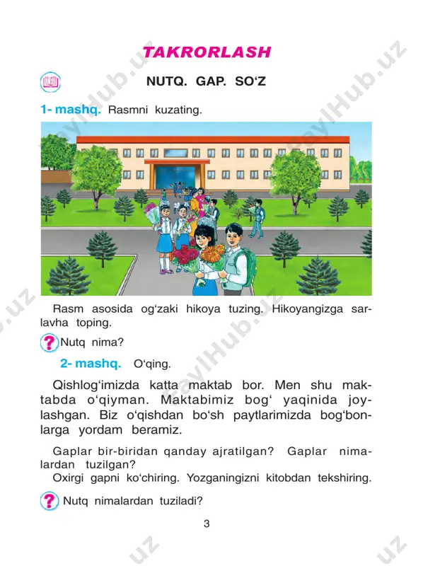 ladi va yugurib ketdi. ayol hayron bo‘lib, uning orqasidan qarab qoldi. bola uyiga kelib, rosa yig‘ladi. bola uyiga kelib nega yig‘ladi? fikringizni 2—3 ta gap bilan yozma ifodalang. 7 matnda gaplar mazmun jihatdan bog‘lanadi. 12- mashq. o‘qing. matnga sarlavha toping. sinfimizdagi o‘quvchilar bir-birlari bilan juda ahil. ular juda yaxshi o‘qiydilar, quvnoq ashulalar ayti- shadi. tanaffus vaqtida qiziqarli o‘yinlar o‘ynaydilar. sinfimiz o‘g‘il-qizlari — yoqimtoy bolalar. ular maktabni sevishadi, kattalarni hurmat qilishadi. sarlavha qo‘yib, matnni ko‘chiring. ahil, aytishadi, ashula, sevishadi so‘zlariga ma’nodosh so‘zlar toping. matnga sarlavha topish mumkin. 13- mashq. o‘qing. kuz havo mayin, osmon tip-tiniq, ochilibdi gullar rang-barang. ariqlarning tubi ko‘rinar, daraxtlarning bargi quyoshrang. shukrullo she’rni yoddan yozing. ajratib ko‘rsatilgan so‘zlarga so‘roq bering. so‘zlar k im ? , n im a ? , q a n d a y ? , q a n a - q a ? , n im a q i l d i ? , n …