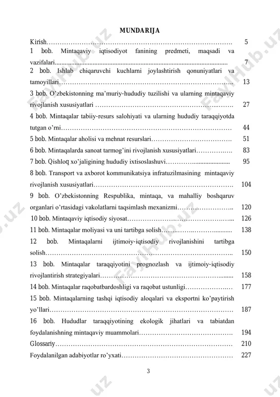 ng siyosiy va iqtisodiy mustaqilligi hamda unda erkin bozor munosabatlarining joriy etilishi milliy va mintaqaviy iqtisodiyotning rivojlanishiga imkon beradi. mamlakatdagi har bir hudud o’zining iqtisodiy salohiyatiga asoslanib ish yuritishi, mavjud ichki resurslardan oqilona foydalanishi va dunyo miqyosida respublika nufuzining ortishiga o’z hissasini qo’shishi orqali mintaqa iqtisodiyoti taraqqiy etib boradi. mamlakat hududlarini ijtimoiy-iqtisodiy barqarorlik ko’rsatkichlari tahlil qilish, iqtisodiy rivojlantirish va bu borada barqarorlikni tahminlash respublikada yuritilayotgan iqtisodiy siyosatning muhim yo’nalishlaridan biri hisoblanadi. hududni ijtimoiy-iqtisodiy va ekologik jihatdan taraqqiy etishi ‘irovard natijada milliy iqtisodiyotning rivojlanish darajasini belgilab beradi. mahlumki, hududlarning tabiiy-resurs salohiyati, ijtimoiy-iqtisodiy rivojlanishi, demografik sharoiti va ekologik vaziyatini ifodalovchi ko’rsatkichlar bir biridan farq qiladi. ayni shu holat ularda ishlab chiqarish kuchlarini joylashtirish va ulardan oqilona foydalanish zaruriyatini keltirib chiqaradi. 5 o’ziga xos xususiyatga ega bo’lgan hududlarni ijtimoiy-iqtisodiy salohiyatidan unumli foydalanish hamda barqarorlik ko’rsatkichlarini tahlil qilish dolzarb masalalardan biri bo’lib xisoblanadi. shu o’rinda tahkidlash lozimki, o’zbekiston respublikasi prezidenti shavkat mirziyoevning oliy majlisga …