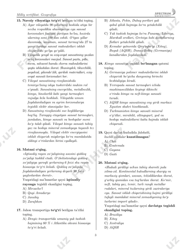 ashib, negizi paleozoy erasi ohaktosh slaneslaridan iborat bo‘lib, uning ustini mezozoy va kaynazoy eralarining cho‘kindi jins hamda mergellari, gillari va qumtoshlari qoplab olgan. d) okrug geologik tuzilishi jihatidan bir xil emas. uning janubidagi tog‘ tizmalari paleozoy erasining gersin tog‘ hosil bo‘lishi jarayonida ko‘tarilgan. bu davrda okrugning tekislik qismi dengiz suviostida bo‘lgan. so‘ngra ko‘tarilgan tog‘lar yemirilib pasaygan,natijada, ularning quyi qismlarini dengiz suvi bosgan. 13. mutaxassislar farg‘ona vodiysi hududidan o‘tib, oloy va turkiston tog‘laridan boshlanuvchi so‘x daryosi boshlanadigan tog‘dagi muz va qorlarni o‘rganishdi, mutaxassislar qaysi davlat hududiga kelganini aniqlang. a) qirg‘ziston b) qozog‘iston c) o‘zbekiston d) tojikiston 14. matnni o‘qing. «botaniklar bu tabiiy geografik okrugi tog‘laridagi o‘simliklarni o‘rganish jarayonida, 2500 m dan yuqoridagi subalp va alp o‘tloqlarida mushuk quyruq, taran, qiziltikan, alp lolasi kabi o‘simliklar borligini aniqlashdi». bu qaysi okrug ekanligini toping. a) qashqadaryo b) chirchiq-ohangaron c) farg‘ona d) o‘rta zarafshon milliy sertifikat. geografiya 3 15. navoiy viloyatiga to‘g‘ri berilgan ta’rifni toping. …