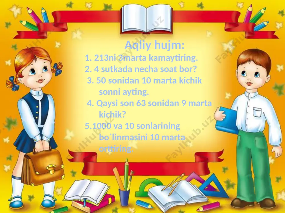 a zanjir hosil qila olasiz? aqlli mehnatsevar dono dangasa eshak yalqov farosatsiz chumchuq farosatli aqlsiz uyga vazifa: 7-8- misol va masalalar “tezkor tarjimon”o’yini: o’quvchilar rasmlar asosida berilgan so’zlarning ingliz tilida nomlanishini topib aytishadi. olma-apple qovoq-pumpkin chumchuq-sparrow eshak-donkey daraxt-tree 7. ustun shaklda ishlang. 2222 : 11 = 3750 : 30 = 3990 : 19 = 2769 : 13 = 4960 : 16 = 4620 : 22 = “tezkor tarjimon”o’yini: o’quvchilar rasmlar asosida berilgan so’zlarning ingliz tilida nomlanishini topib aytishadi. olma-apple qovoq-pumpkin chumchuq-sparrow eshak-donkey daraxt-tree 8-masala. samolyot 1815 km masofani uchib o‘tdi. sayyoh esa bu vaqtda 11 km yo‘l yurdi. samolyot sayyohdan necha marta ko‘p masofani bosib o‘tgan? test topshiriqlari: 1.“tabiatning ziynati ko’p” ertagining muallifi kim? a) anvar obidjon b) xalq og’zaki ijodi d) chingiz aytmatov 2. ertak mazmuniga mos keluvchi maqolni toping a)aqlliga –hurmat,aqlsizga-kaltak b) aql yoshda emas,boshda d) hunarli kishi xor bo’lmas 3. eshak daraxtda nimalar pishishini orzu qilibdi? olma …