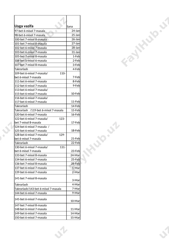 asala/ 129-bet 6-misol 7-masala 21-feb 8 maxraji 2, 4, 8 bo‘lgan kasrlar/ maxraji 2, 4, 8 bo‘lgan kasrlarni mustahkamlash 130-bet 6-misol 7-masala/ 131-bet 6-misol 7-masala 23-feb 9 nazorat ishi tahlili/ kasrlarni taqqoslash takrorlash/ 143-bet 6-misol 7-masala 7-mar 10 surati bir xil bo‘lgan kasrlarni taqqoslash/ surati bir xil bo‘lgan kasrlarni taqqoslashni mustahkamlash 147-bet 7-misol 8-masala 148-bet 6-misol 7-masala 11-mar 11 14-nazorat ishi. test/ o‘tilganlarni mustahkamlash takrorlash/ takrorlash 18-mar list2 list3