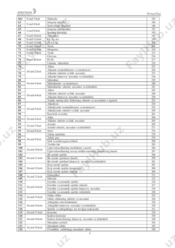 mli spirtlar olinishi 309 108 10-sinf-13-bob etilenglikol 311 109 glitserin 312 110 10-sinf-14-bob fenollar va aromatik spirtlar 316 111 fenollar va aromatik spirtlar olinishi 317 112 fenollar va aromatik spirtlar kimyoviy xossalari 318 113 fenollar va aromatik spirtlar ishlatilishi 320 114 10-sinf-15-bob oddiy efirlar 323 115 oddiy efirlarning olinishi va xossalari 324 116 10-sinf-16-bob aldegidlar (oksobirikmalar) 328 117 aldegidlar kimyoviy xossalari va ishlatilishi 329 118 spirtlar va aldegidlarga xos bo„lgan reaksiyalar 331 119 10-sinf-17-bob ketonlar 334 120 10-sinf-18-bob karbon kislotalar 338 121 karbon kislotalarning kimyoviy xossalari va ishlatilishi 340 122 masalalar yechish 342 123 10-sinf-19-bob murakkab efirlar 345 124 o‟simliklar tarkibidagi murakkab efirlar 349 boltayev olmos, abdullayev muhammad sodiq 4 062 9-sinf-7-bob elektroliz 183 63 9-sinf-8-bob ishqoriy metallar 186 64 soda ishlab chiqarish 188 65 9-sinf-9-bob ishqoriy-yer metallari 191 66 suvning qattiqligi 193 67 9-sinf-10-bob alyuminiy 195 68 9-sinf-11-bob cu ag au 199 69 9-sinf-12-bob zn cd hg 203 70 …